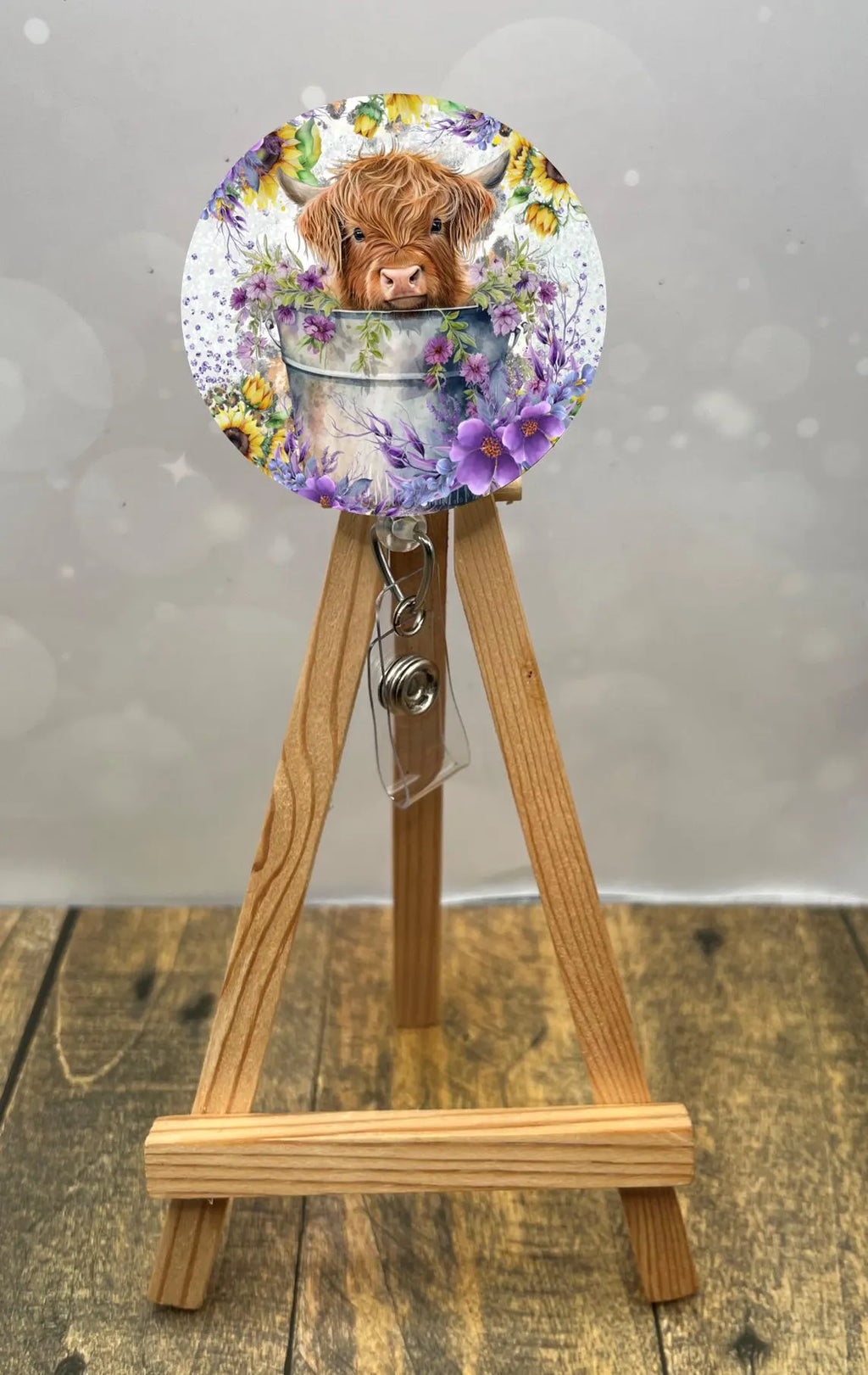 Highland Cow badge pulls. Brighten your shift, one cow at a time. Multiple Images available. Add beads or shimmer glitter options.