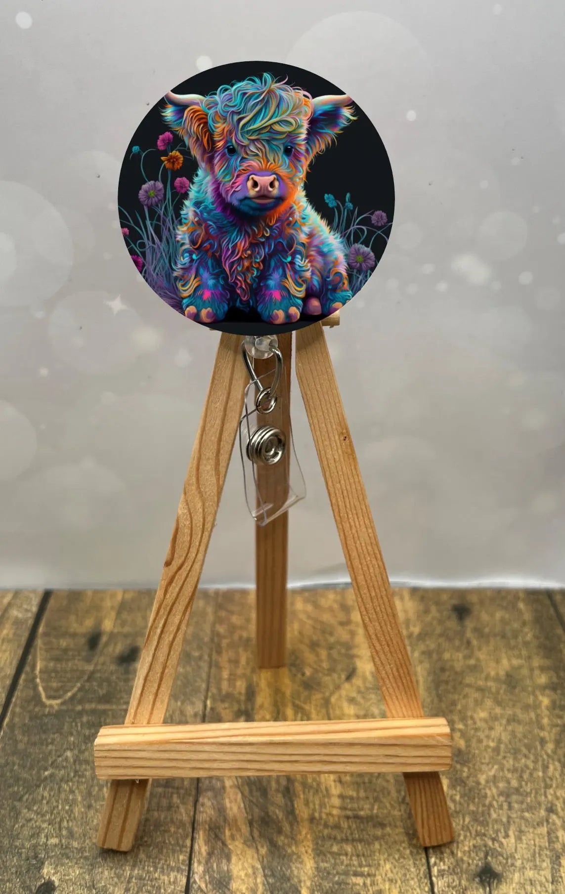 Highland Cow badge pulls. Brighten your shift, one cow at a time. Multiple Images available. Add beads or shimmer glitter options.