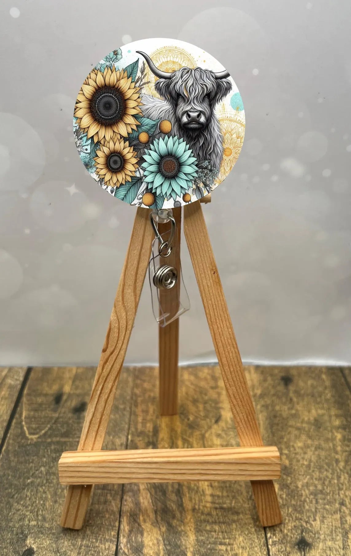 Highland Cow badge pulls. Brighten your shift, one cow at a time. Multiple Images available. Add beads or shimmer glitter options.