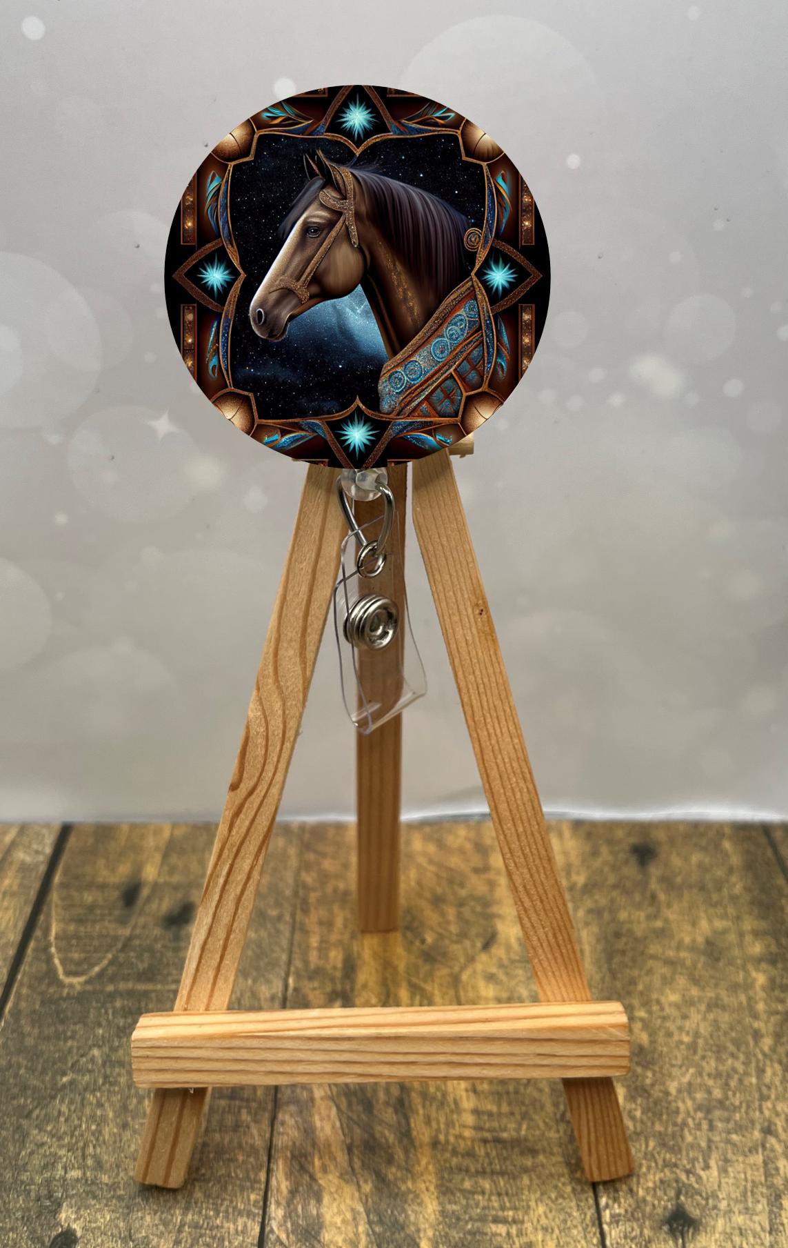Horse Badge Pulls. Multiple Images available. Add beads or shimmer glitter options.