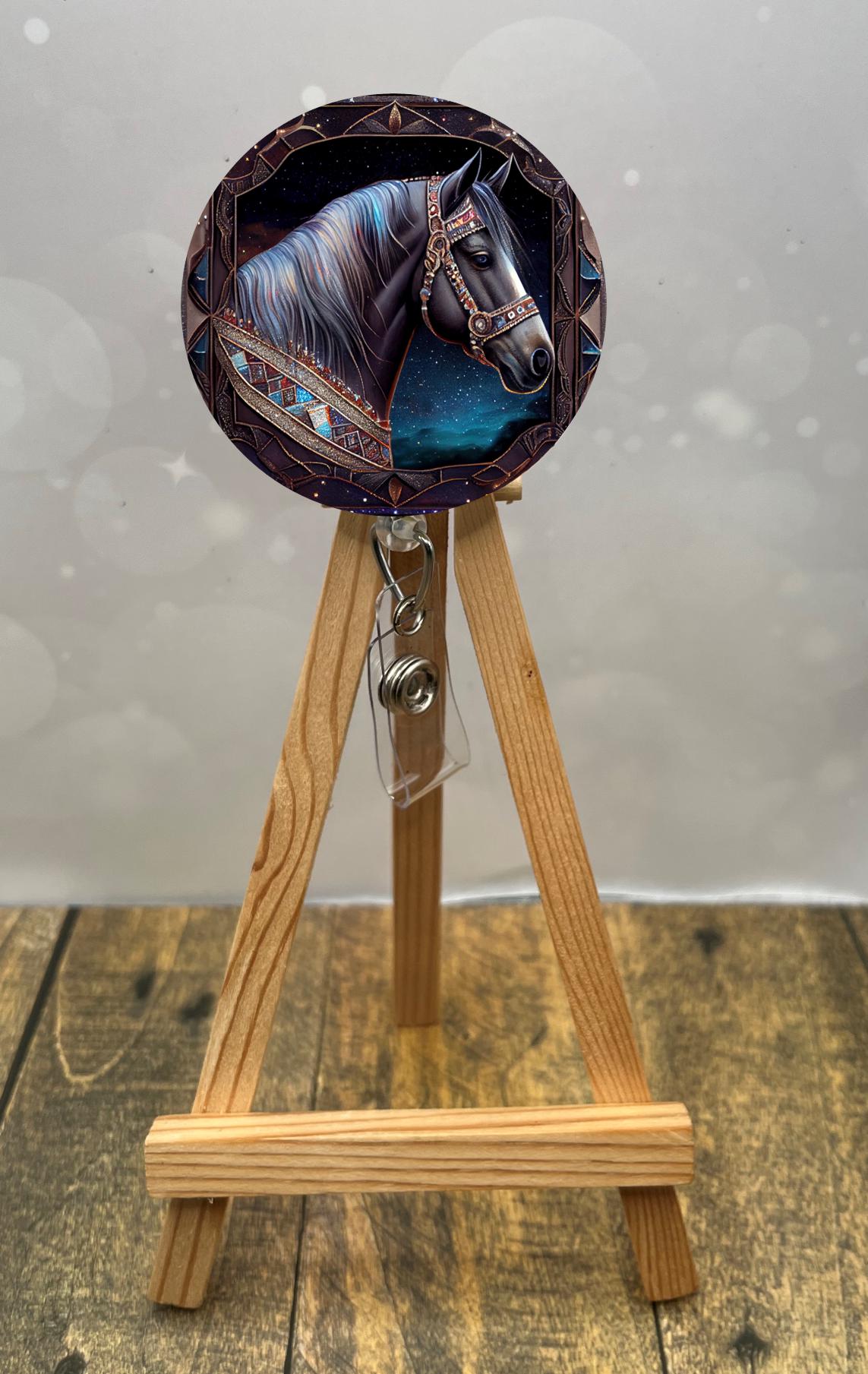 Horse Badge Pulls. Multiple Images available. Add beads or shimmer glitter options.