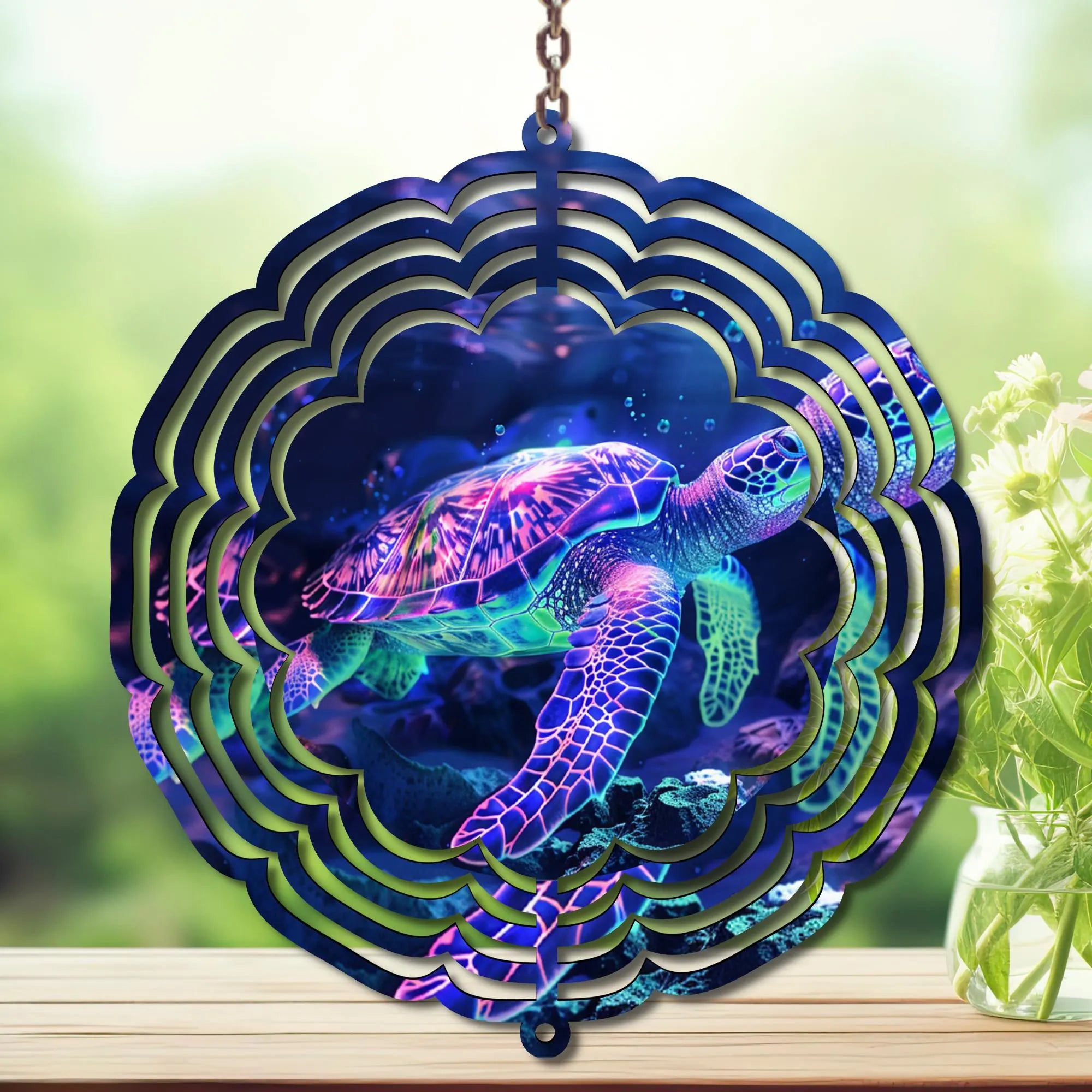 Sea Turtle Aluminum Metal Wind Spinner, Made with Waves & Whimsy. Multiple images available.