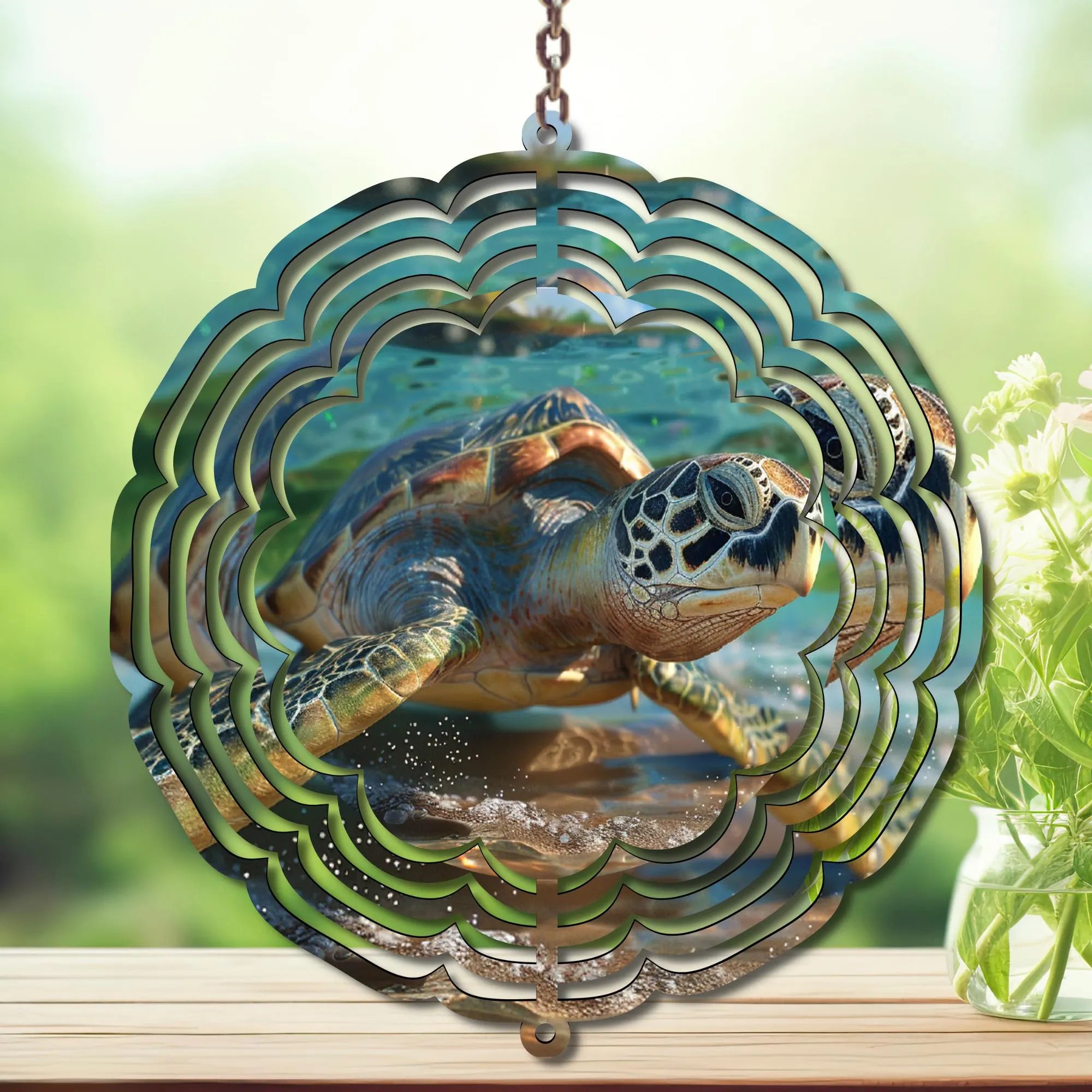 Sea Turtle Aluminum Metal Wind Spinner, Made with Waves & Whimsy. Multiple images available.