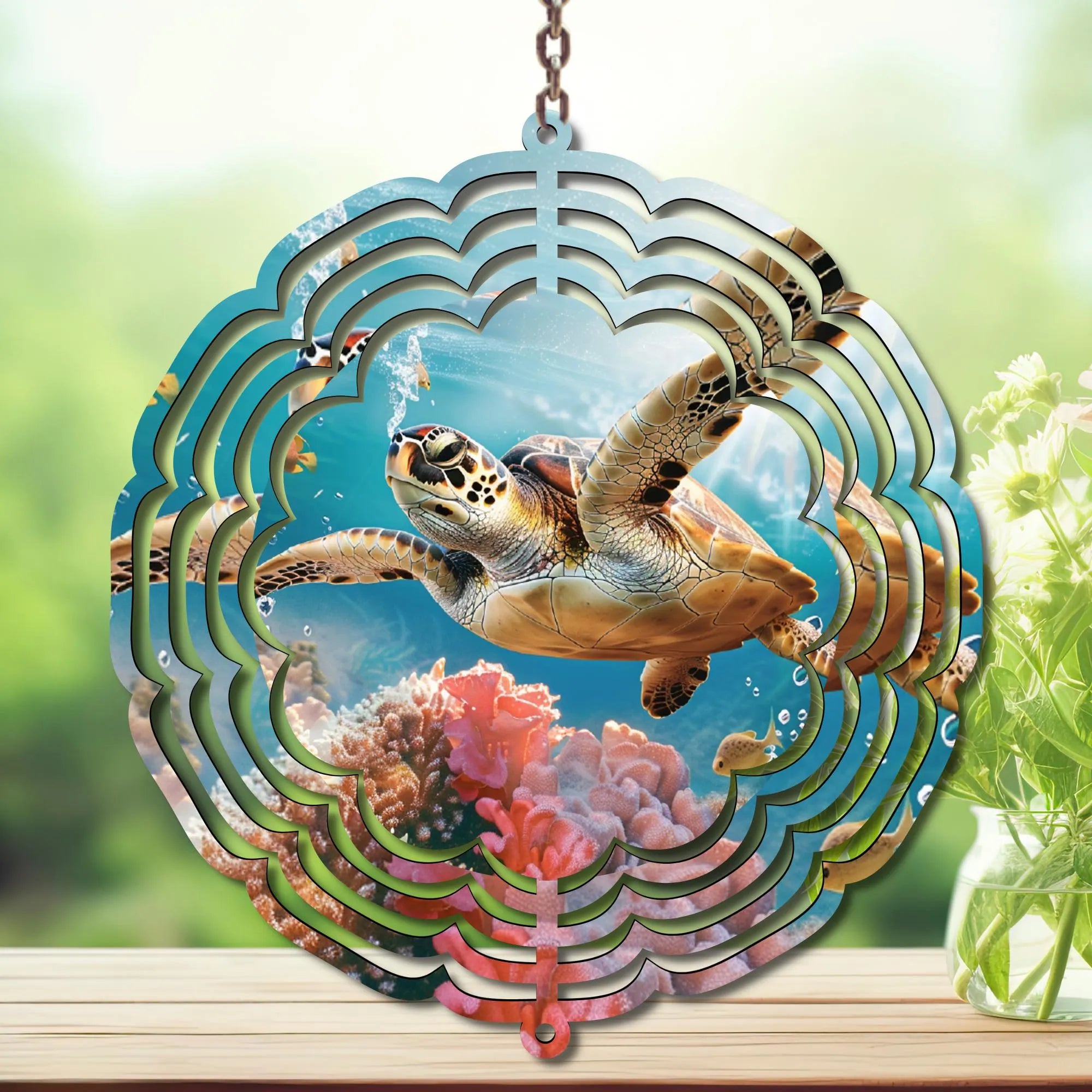 Sea Turtle Aluminum Metal Wind Spinner, Made with Waves & Whimsy. Multiple images available.