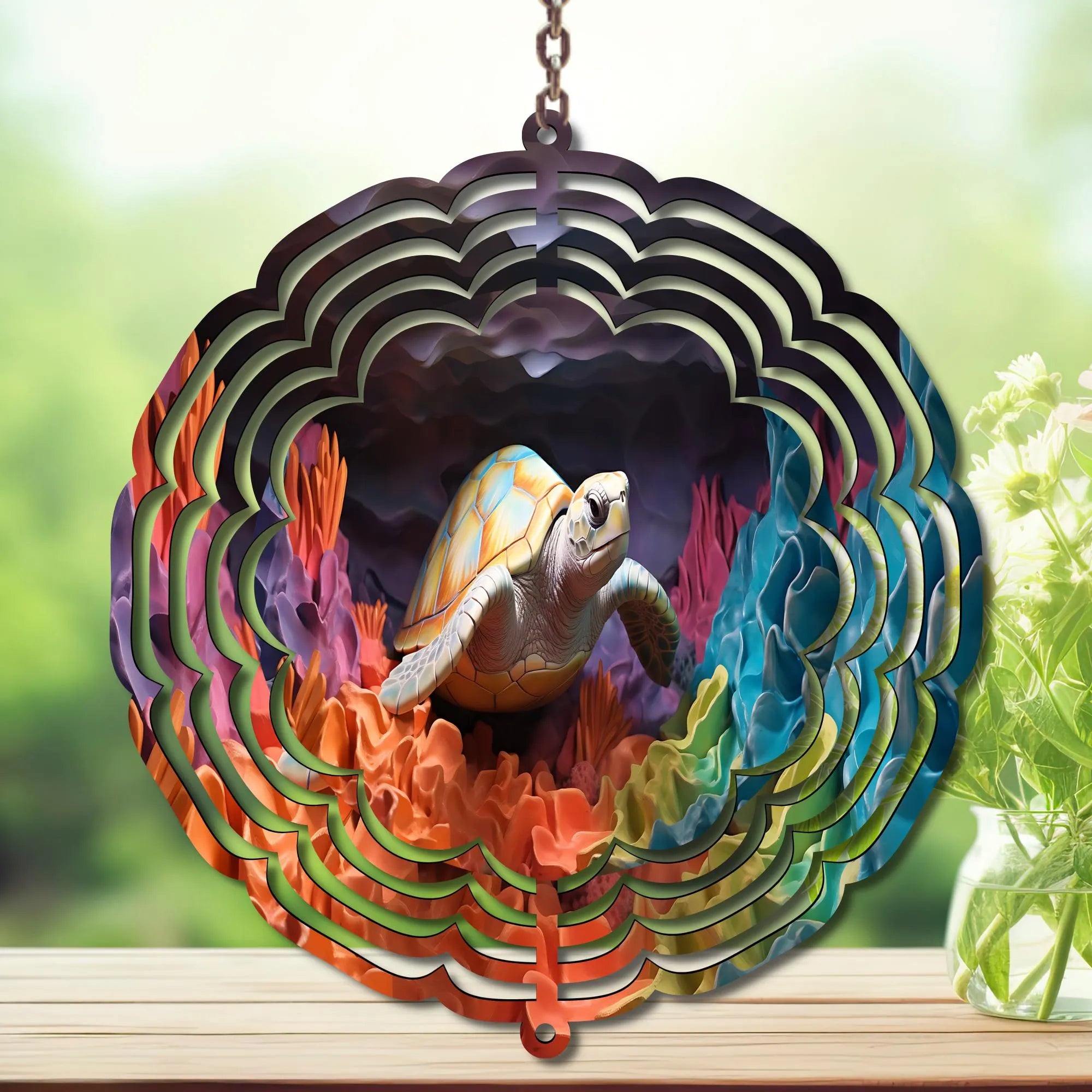 Sea Turtle Aluminum Metal Wind Spinner, Made with Waves & Whimsy. Multiple images available.