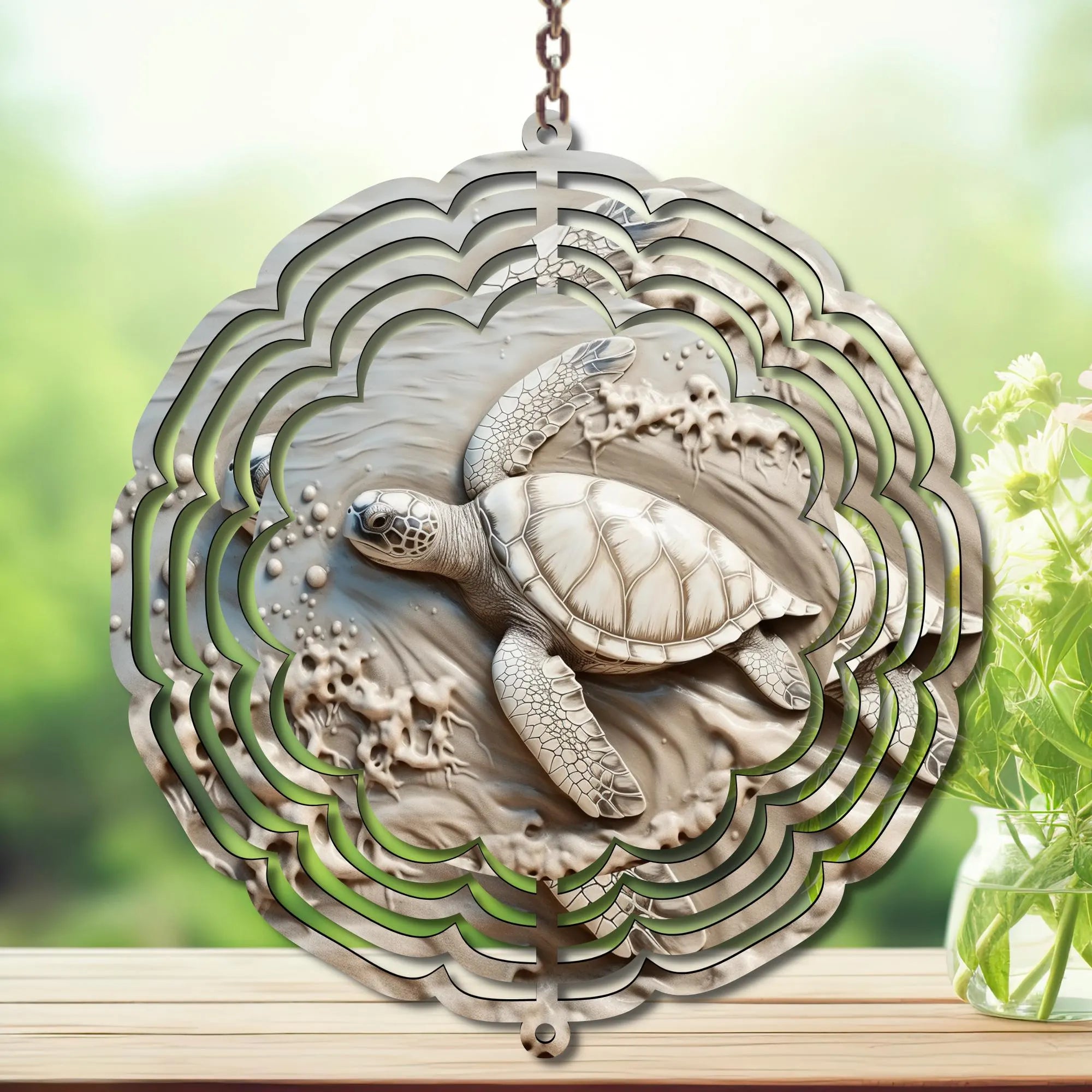Sea Turtle Aluminum Metal Wind Spinner, Made with Waves & Whimsy. Multiple images available.