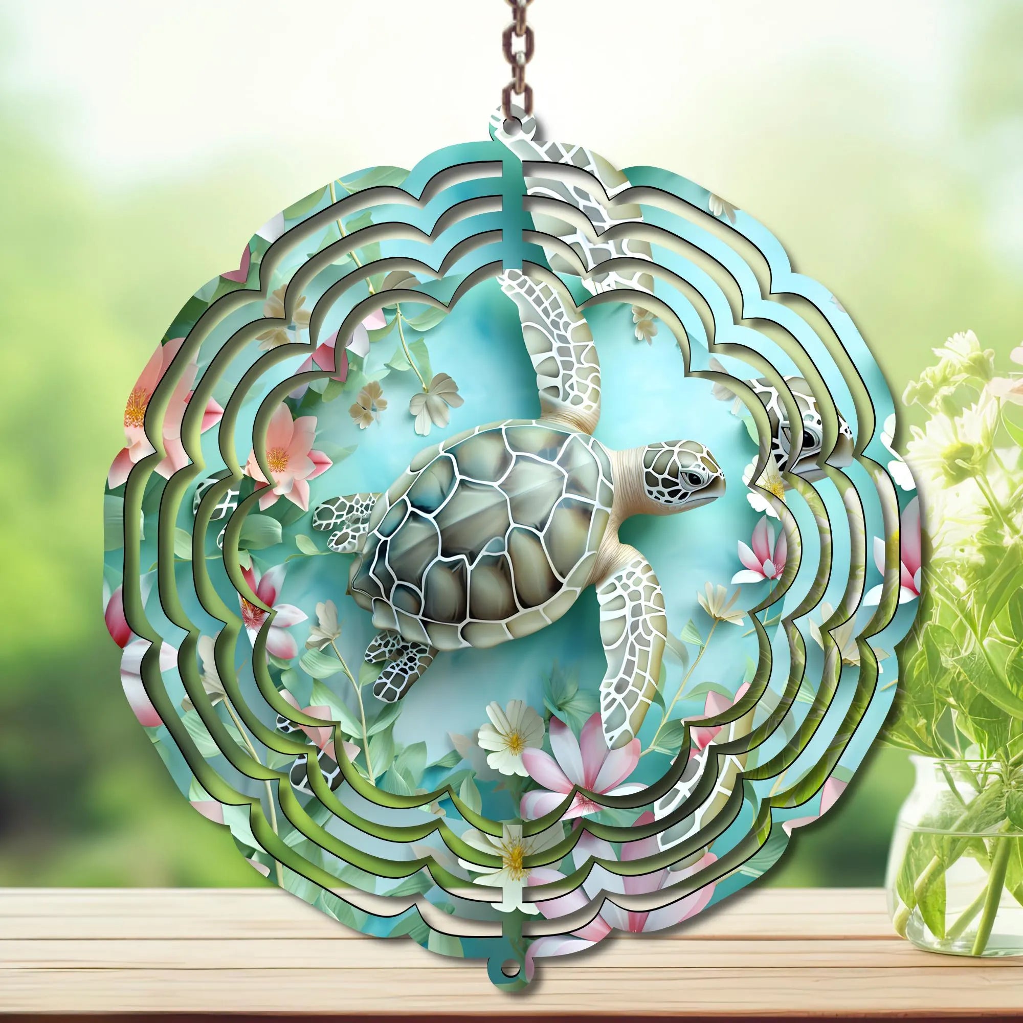 Sea Turtle Aluminum Metal Wind Spinner, Made with Waves & Whimsy. Multiple images available.