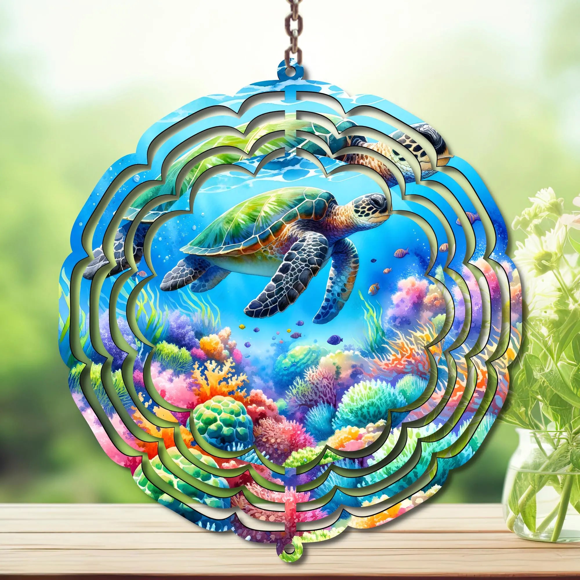 Sea Turtle Aluminum Metal Wind Spinner, Made with Waves & Whimsy. Multiple images available.