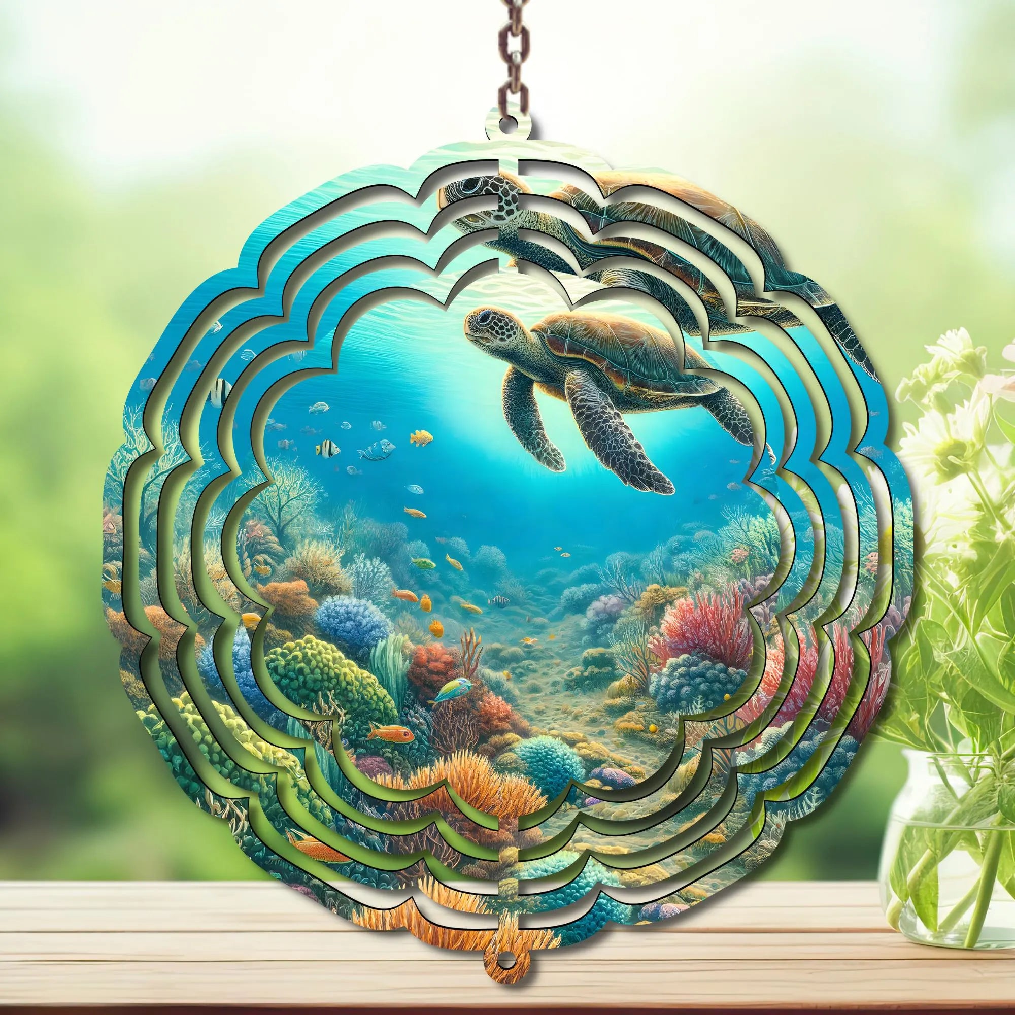 Sea Turtle Aluminum Metal Wind Spinner, Made with Waves & Whimsy. Multiple images available.