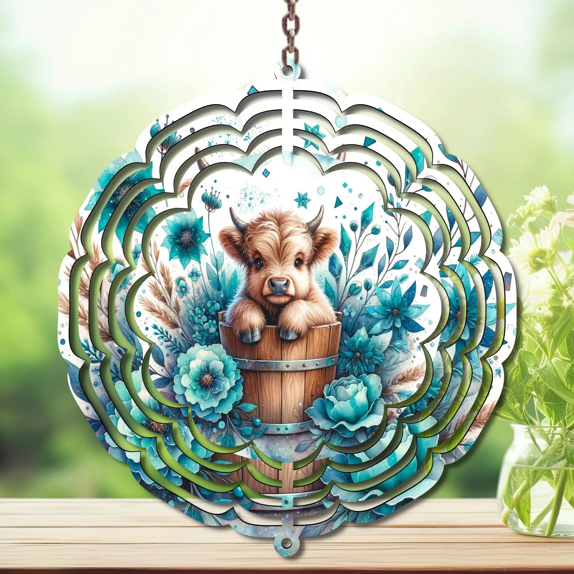 Highland Cow Aluminum Metal Wind Spinner.  Cute + whimsical personality. Multiple images available.