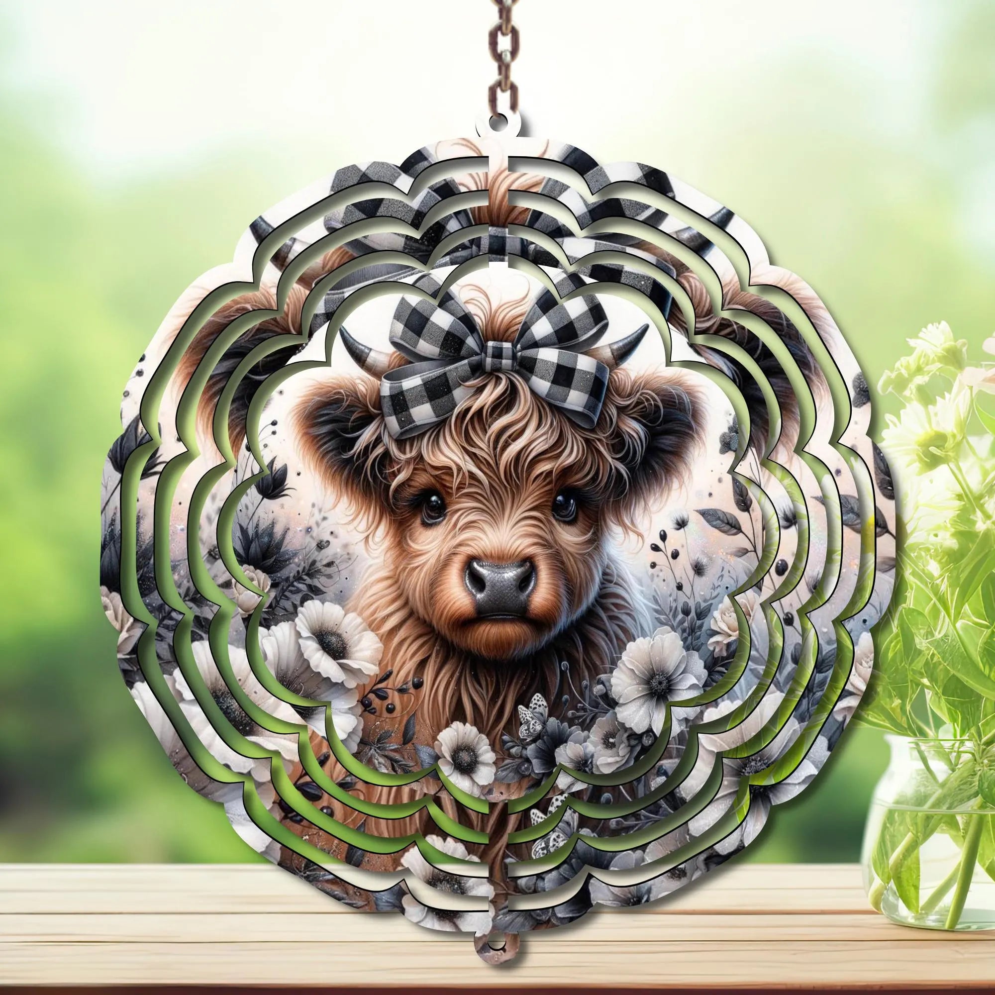Highland Cow Aluminum Metal Wind Spinner.  Cute + whimsical personality. Multiple images available.