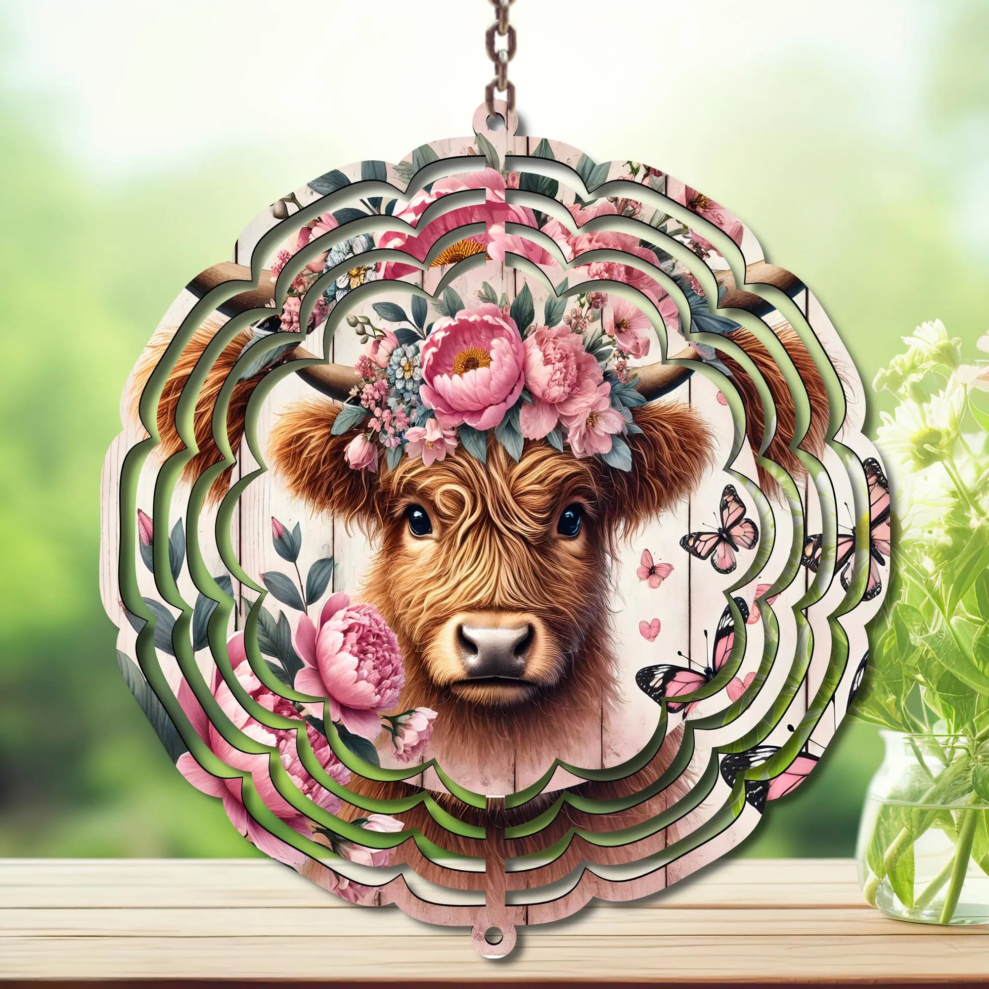 Highland Cow Aluminum Metal Wind Spinner.  Cute + whimsical personality. Multiple images available.