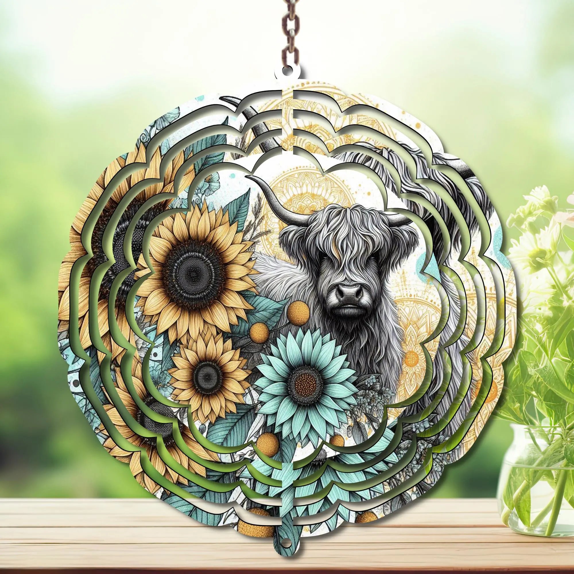 Highland Cow Aluminum Metal Wind Spinner.  Cute + whimsical personality. Multiple images available.