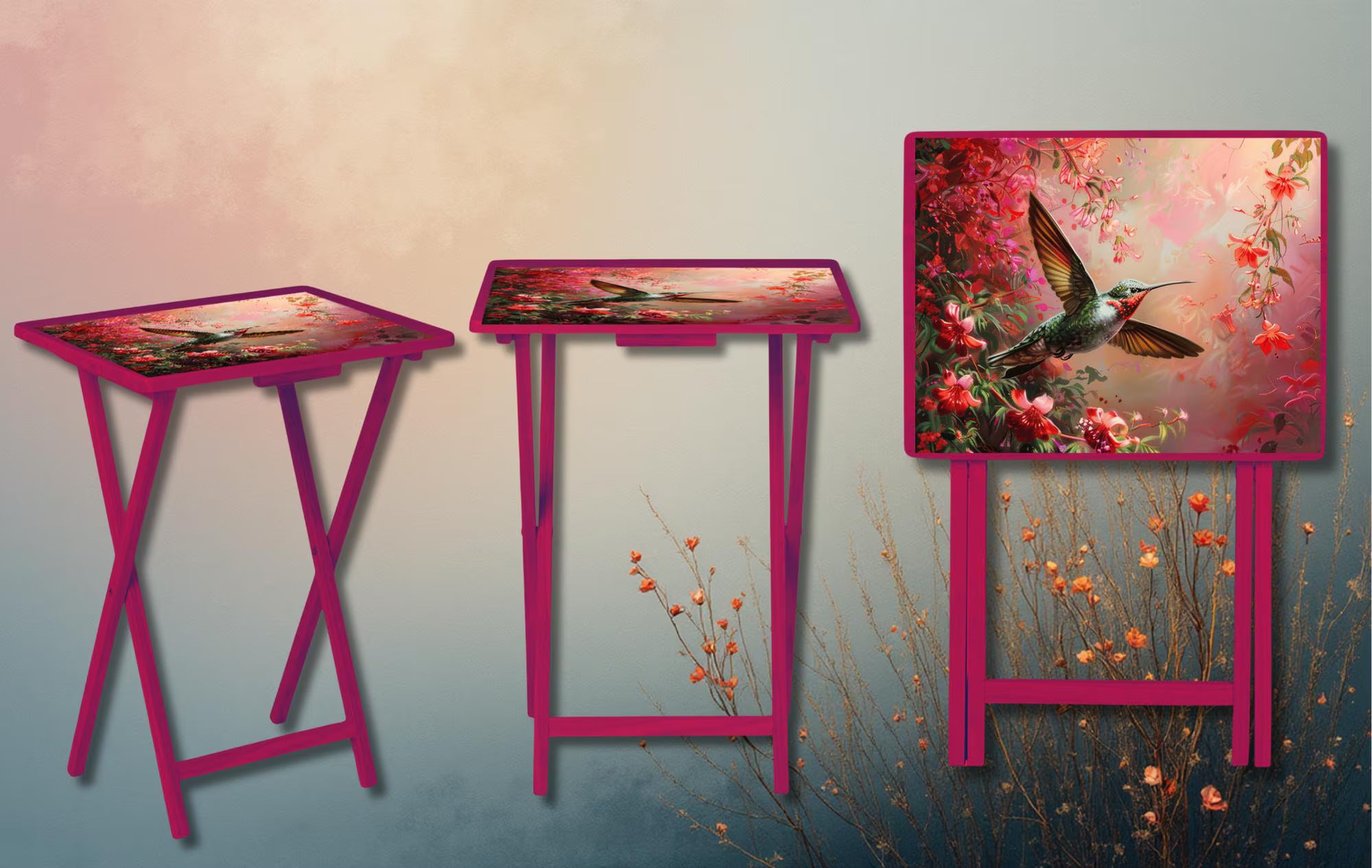 Hummingbird Foldable Wooden TV Tray or Bed tray/lap Desk. Let your space bloom beautifully. 🌺✨ 2 Sizes and Multiple Images Available. .
