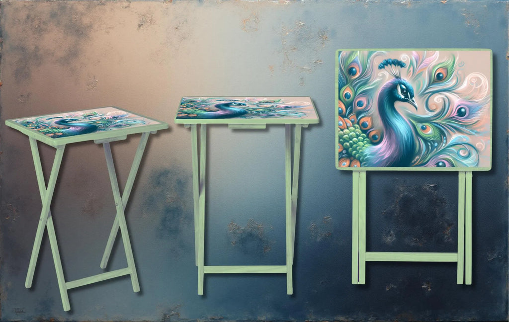 Peacock Foldable Wooden TV Tray or Bed tray/lap Desk. Make snack time fabulous with peacock‑level confidence, 2 Sizes and Multiple Images Available.