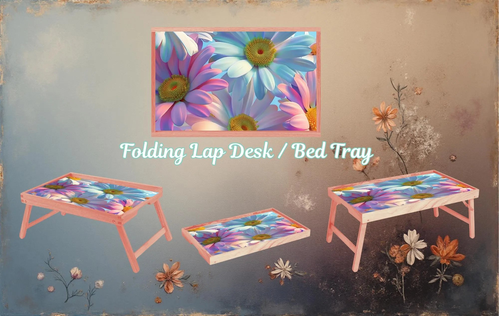 Floral Foldable Wooden TV Tray or Bed tray/lap Desk, 2 Sizes and Multiple Images Available.