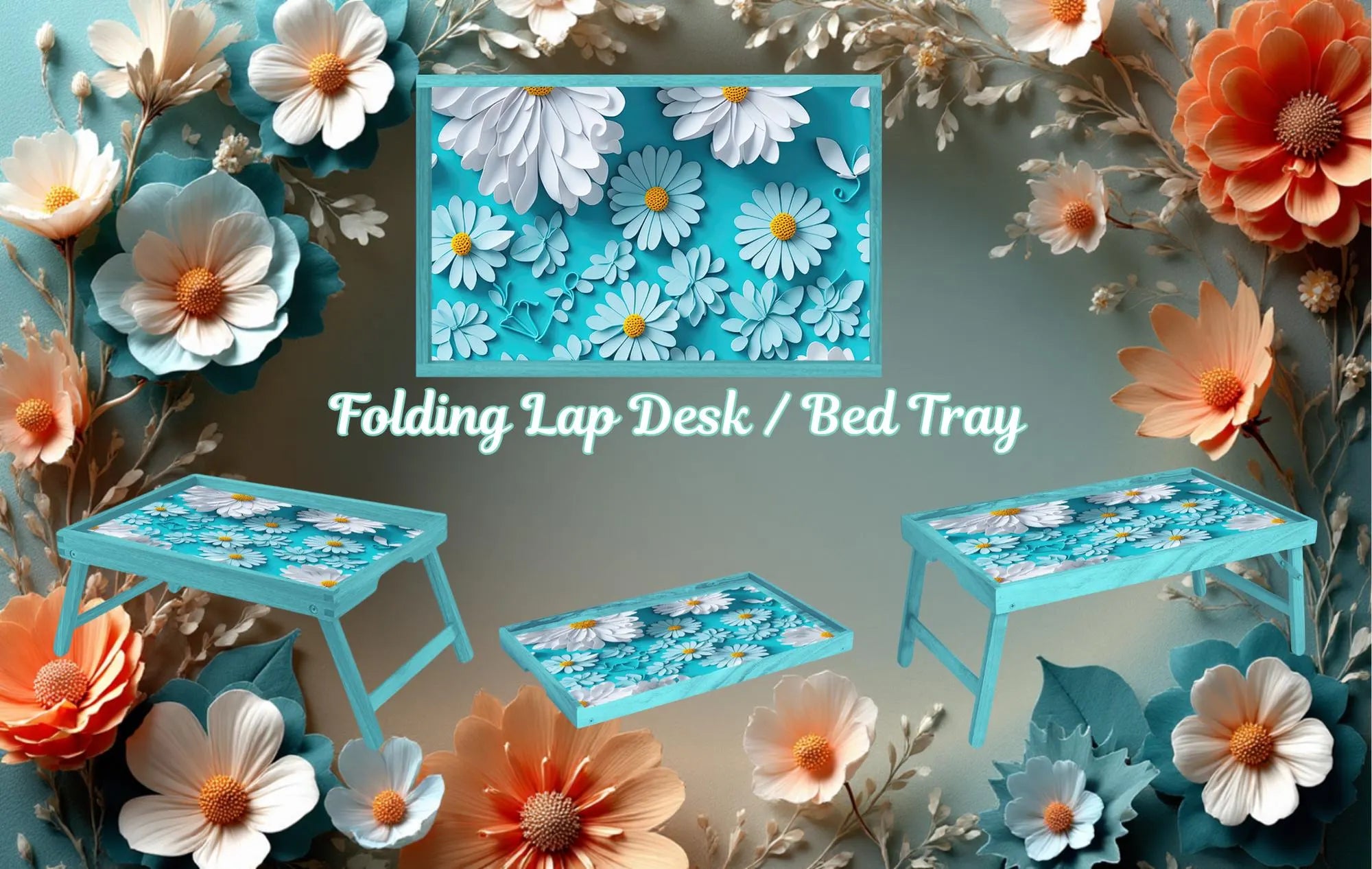 Floral Foldable Wooden TV Tray or Bed tray/lap Desk, 2 Sizes and Multiple Images Available.