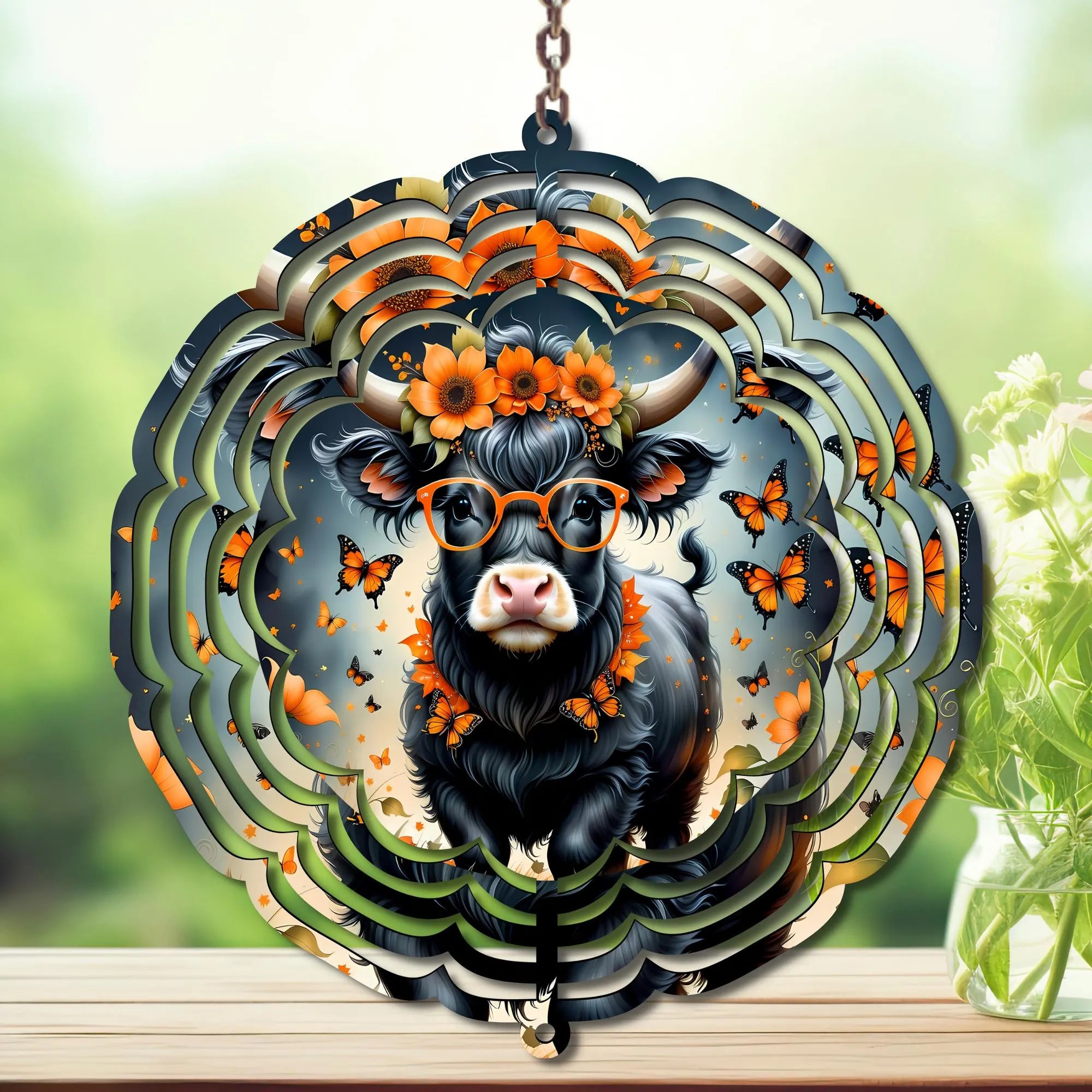 Highland Cow Aluminum Metal Wind Spinner.  Cute + whimsical personality. Multiple images available.