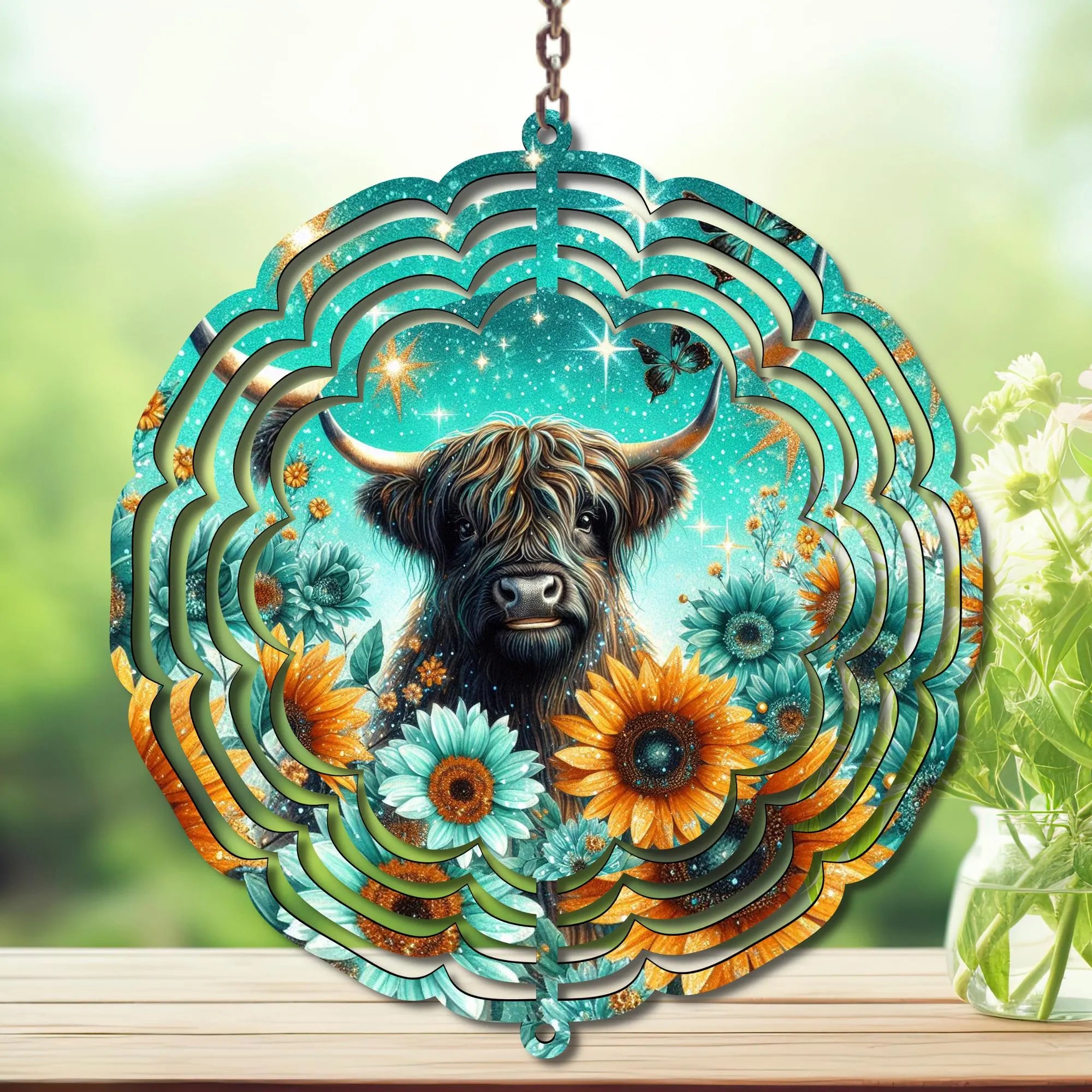Highland Cow Aluminum Metal Wind Spinner.  Cute + whimsical personality. Multiple images available.