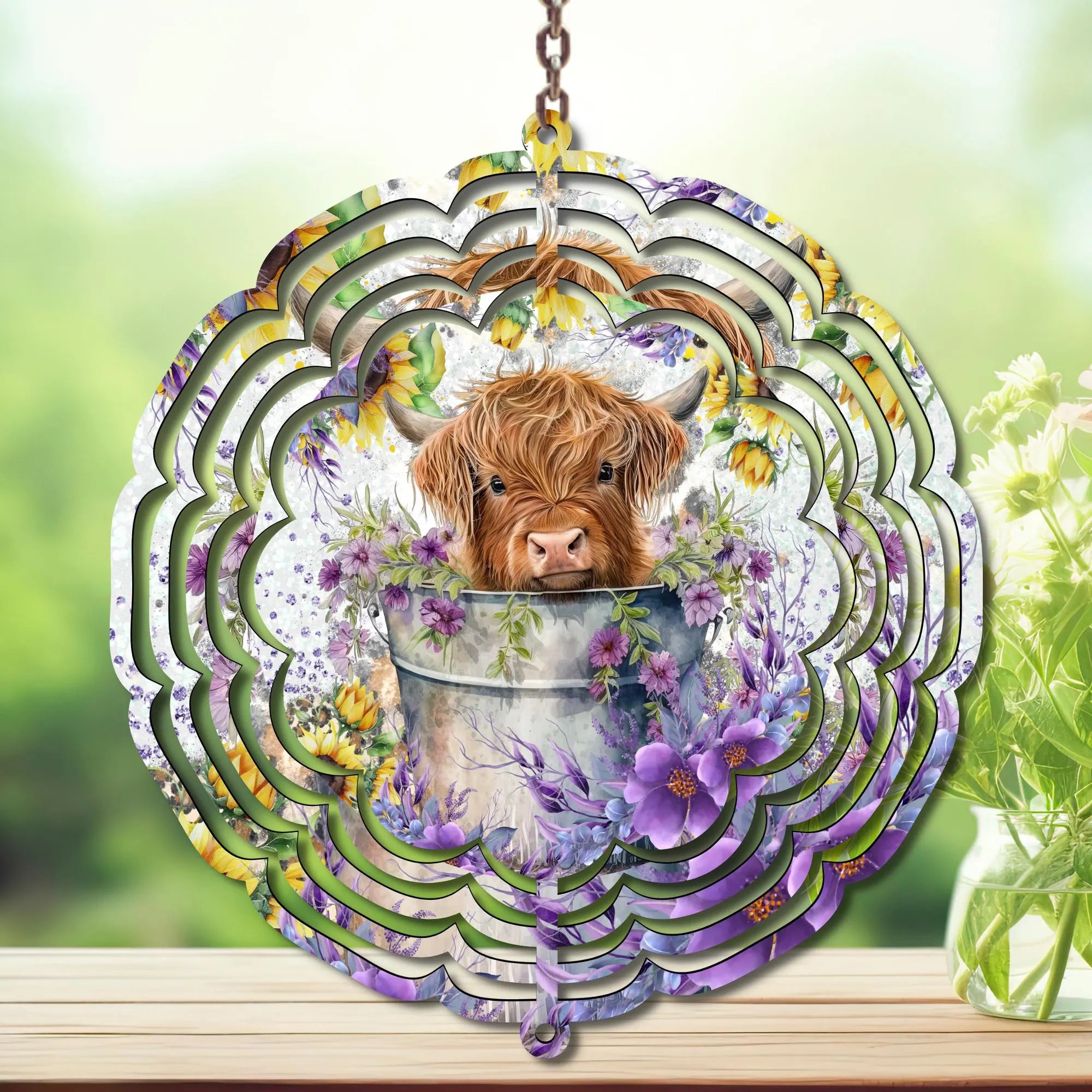 Highland Cow Aluminum Metal Wind Spinner.  Cute + whimsical personality. Multiple images available.