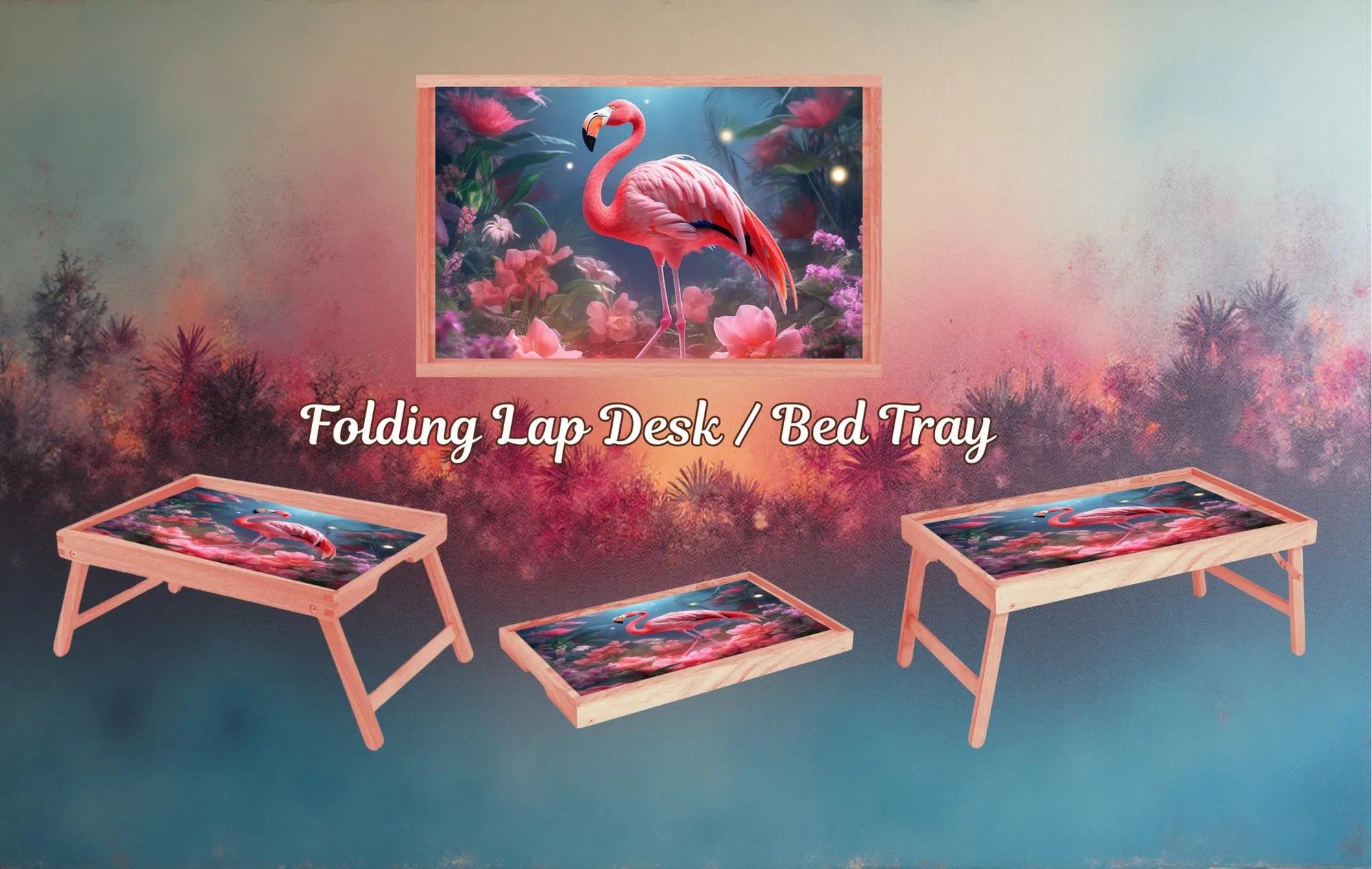Flamingo Foldable Wooden TV Tray or Bed tray/lap desk. Multiple Images Available.