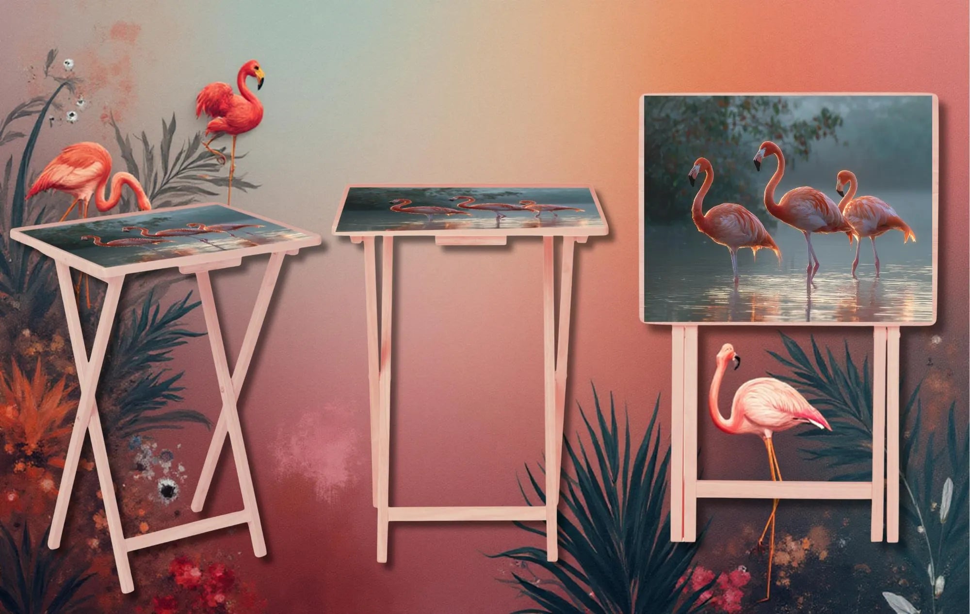 Flamingo Foldable Wooden TV Tray or Bed tray/lap desk. Multiple Images Available.