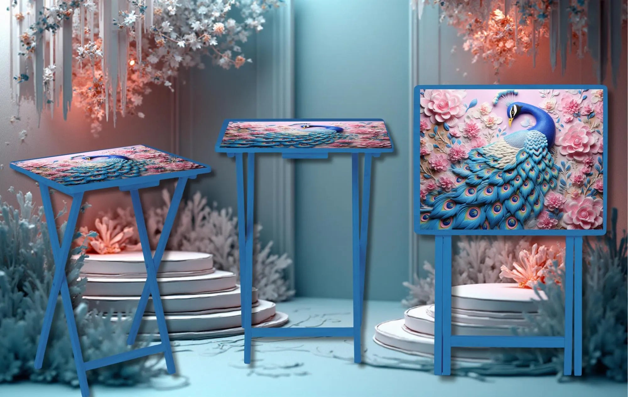 Peacock Foldable Wooden TV Tray or Bed tray/lap Desk. Make snack time fabulous with peacock‑level confidence, 2 Sizes and Multiple Images Available.