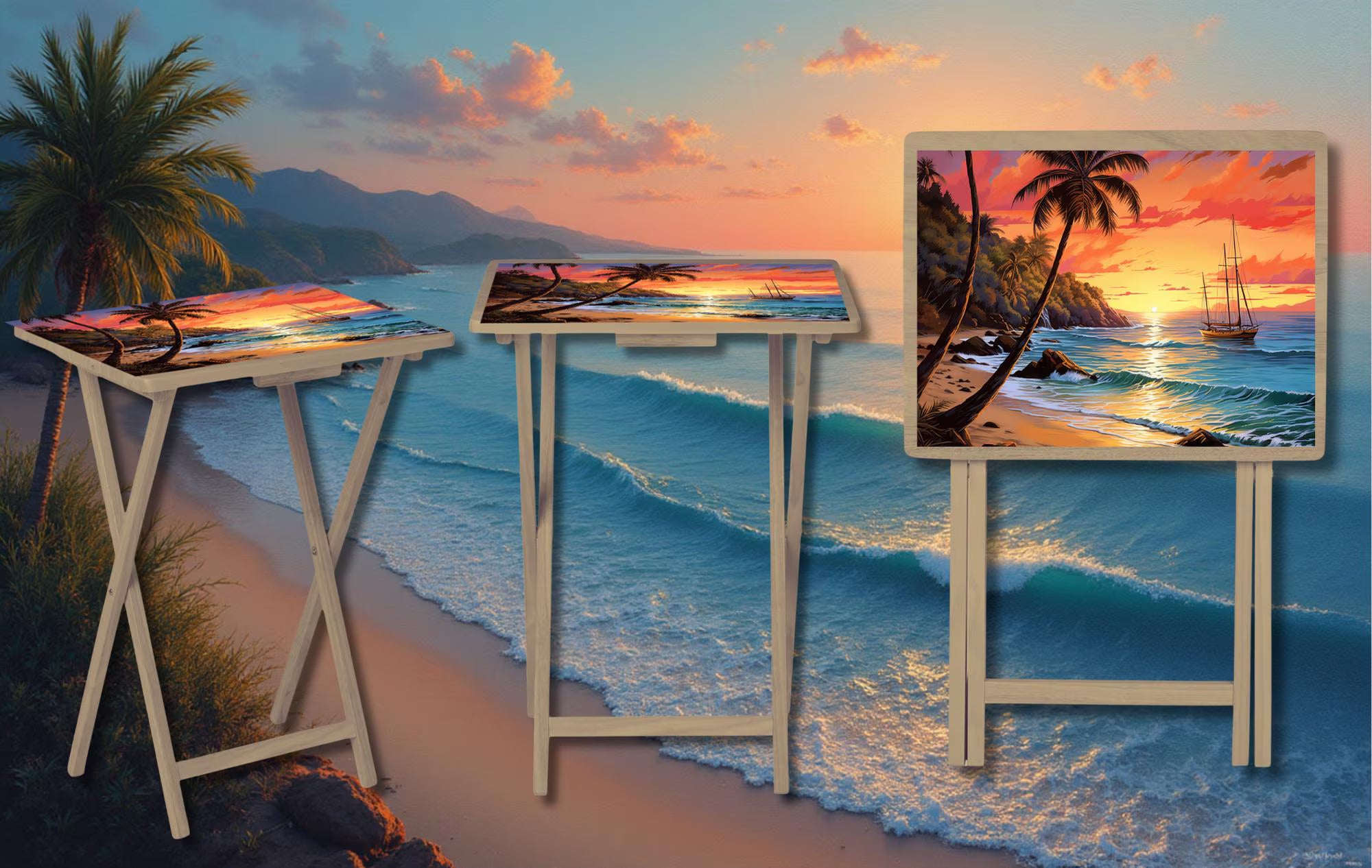 Beach Foldable Wooden TV Tray or Bed tray/lap Desk, 2 Sizes and Multiple Images Available.