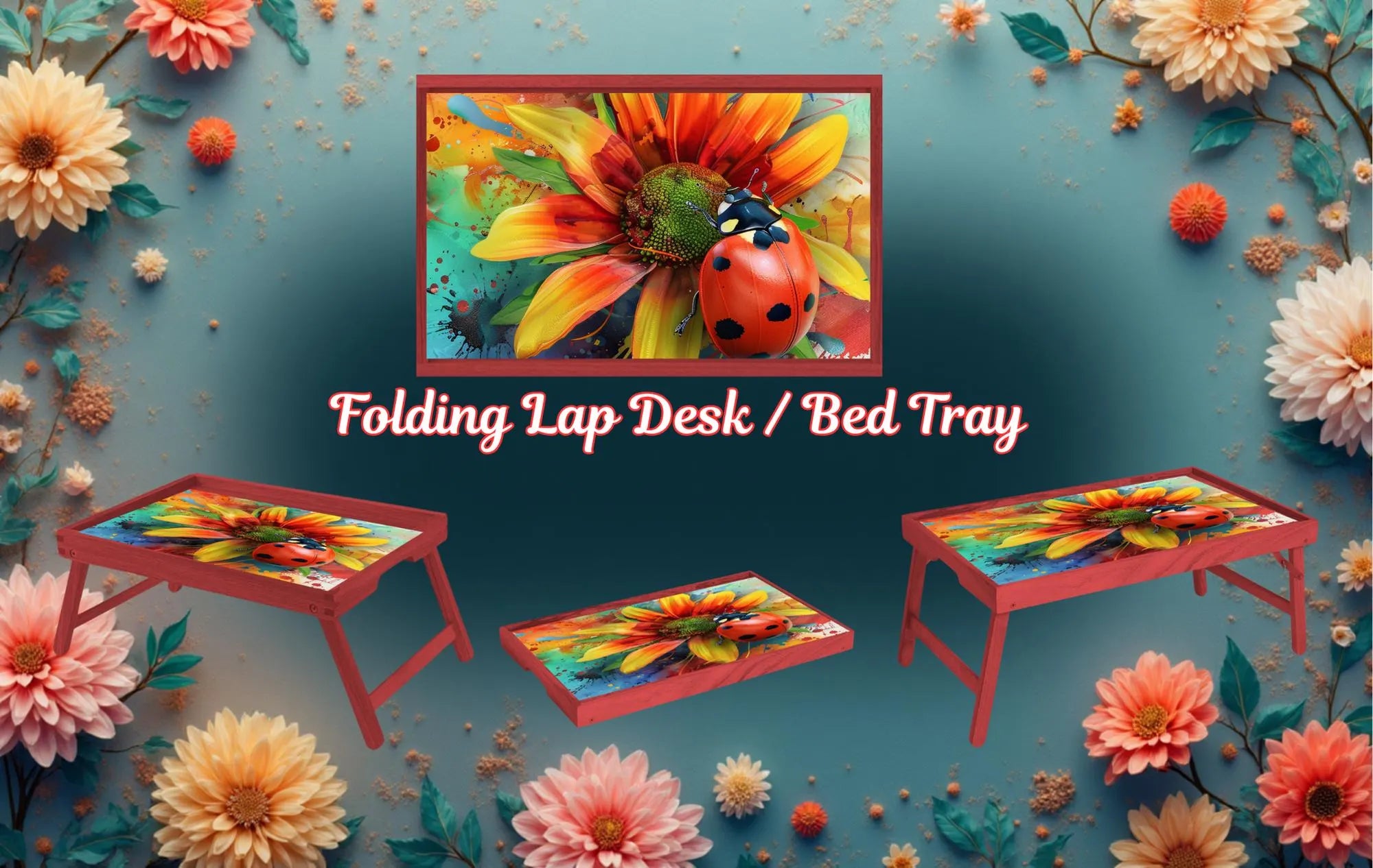 Floral Foldable Wooden TV Tray or Bed tray/lap Desk, 2 Sizes and Multiple Images Available.