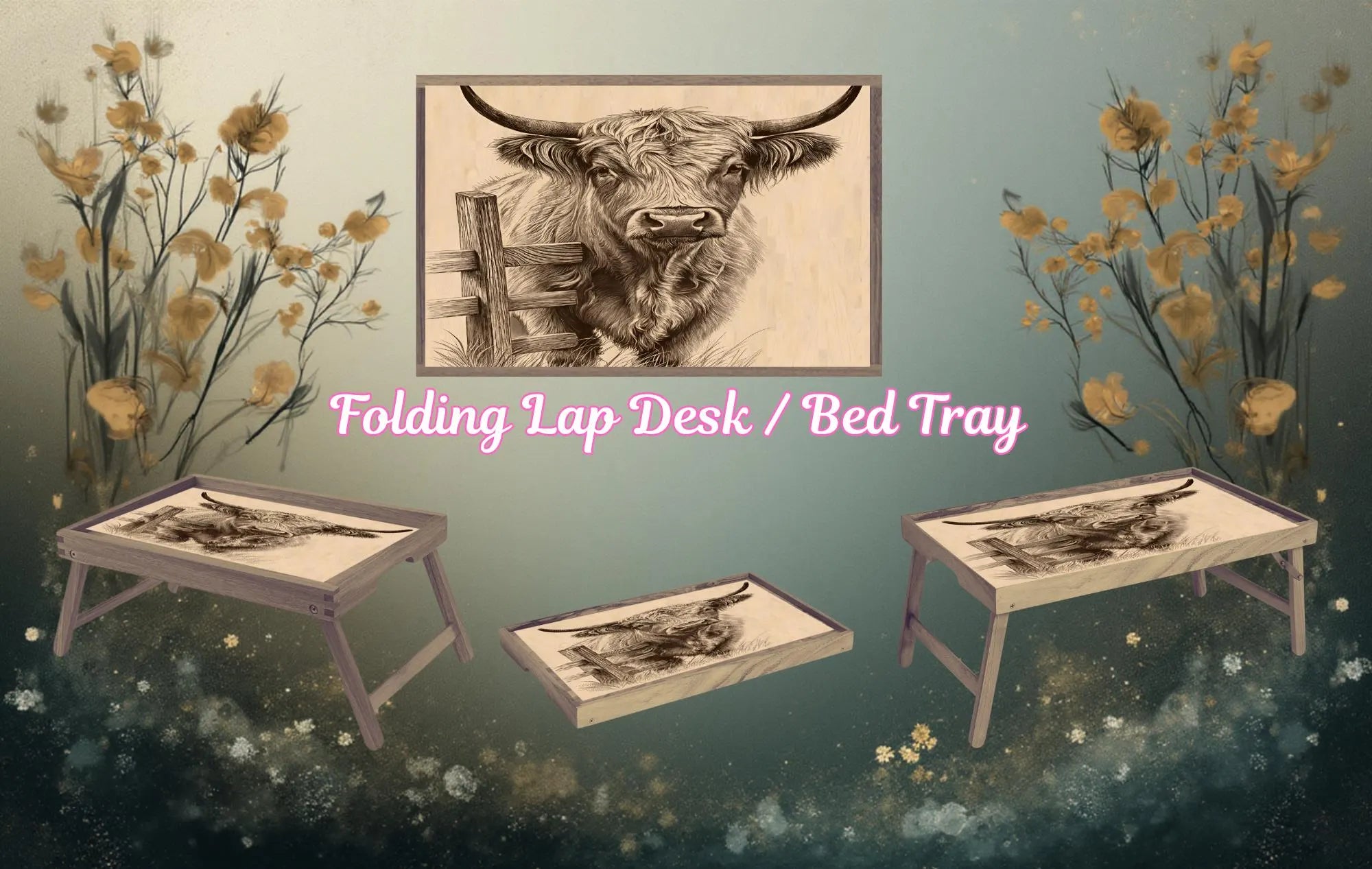 Highland Cow Foldable Wooden TV Tray or Bed tray/lap Desk. A little farmhouse comfort, right at your couch. 2 Sizes and Multiple Images Available.