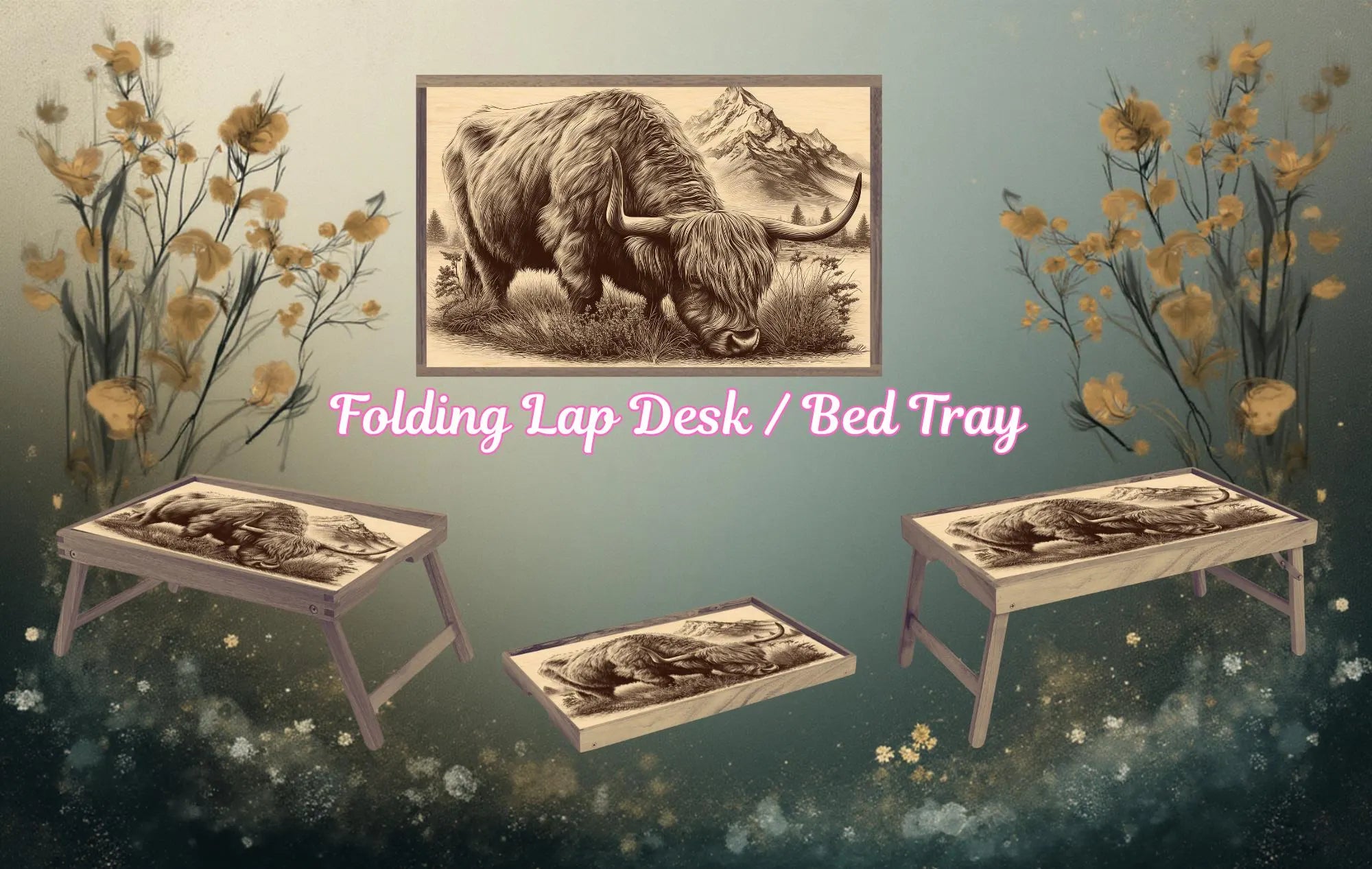 Highland Cow Foldable Wooden TV Tray or Bed tray/lap Desk. A little farmhouse comfort, right at your couch. 2 Sizes and Multiple Images Available.