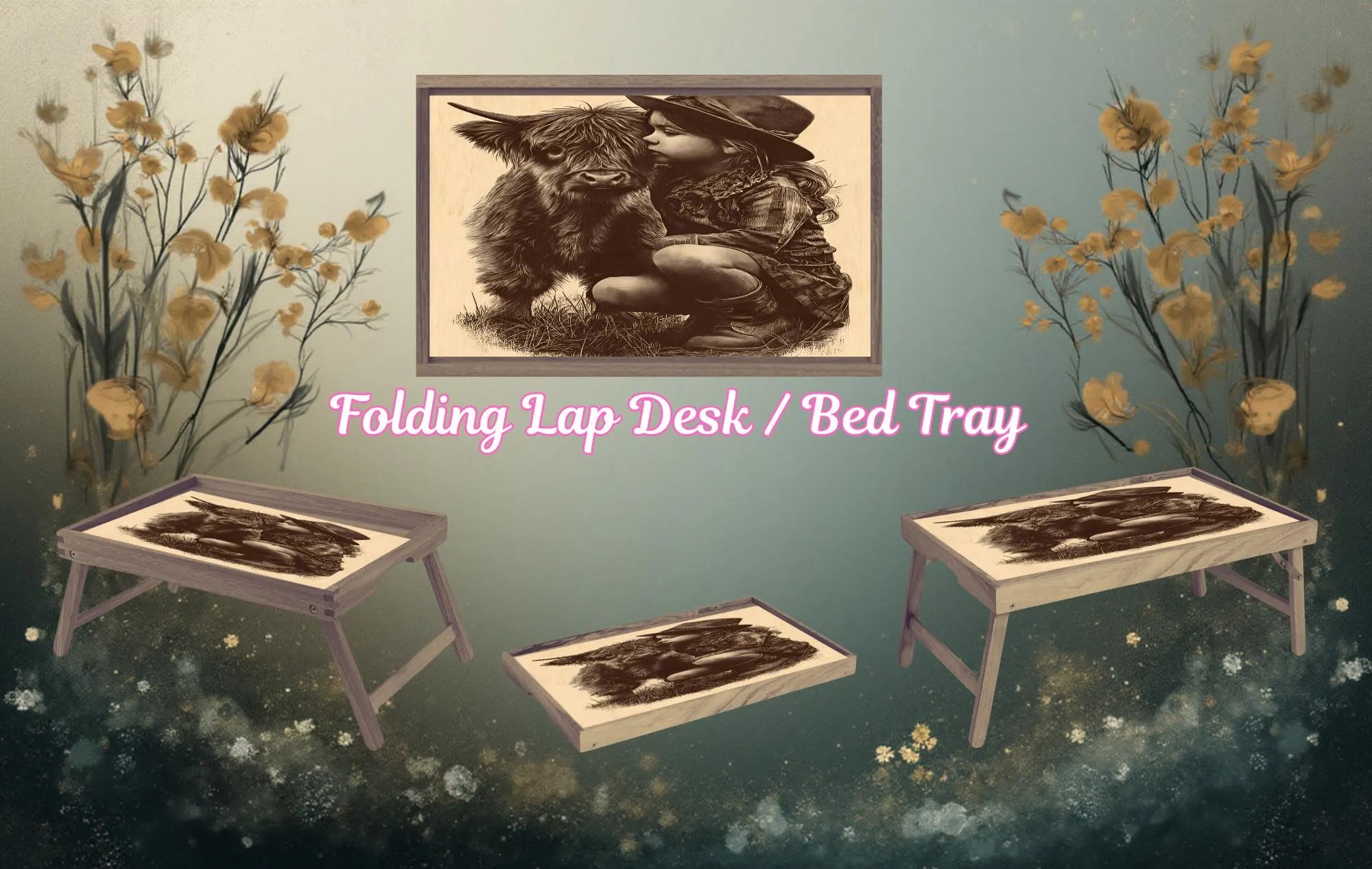 Highland Cow Foldable Wooden TV Tray or Bed tray/lap Desk. A little farmhouse comfort, right at your couch. 2 Sizes and Multiple Images Available.