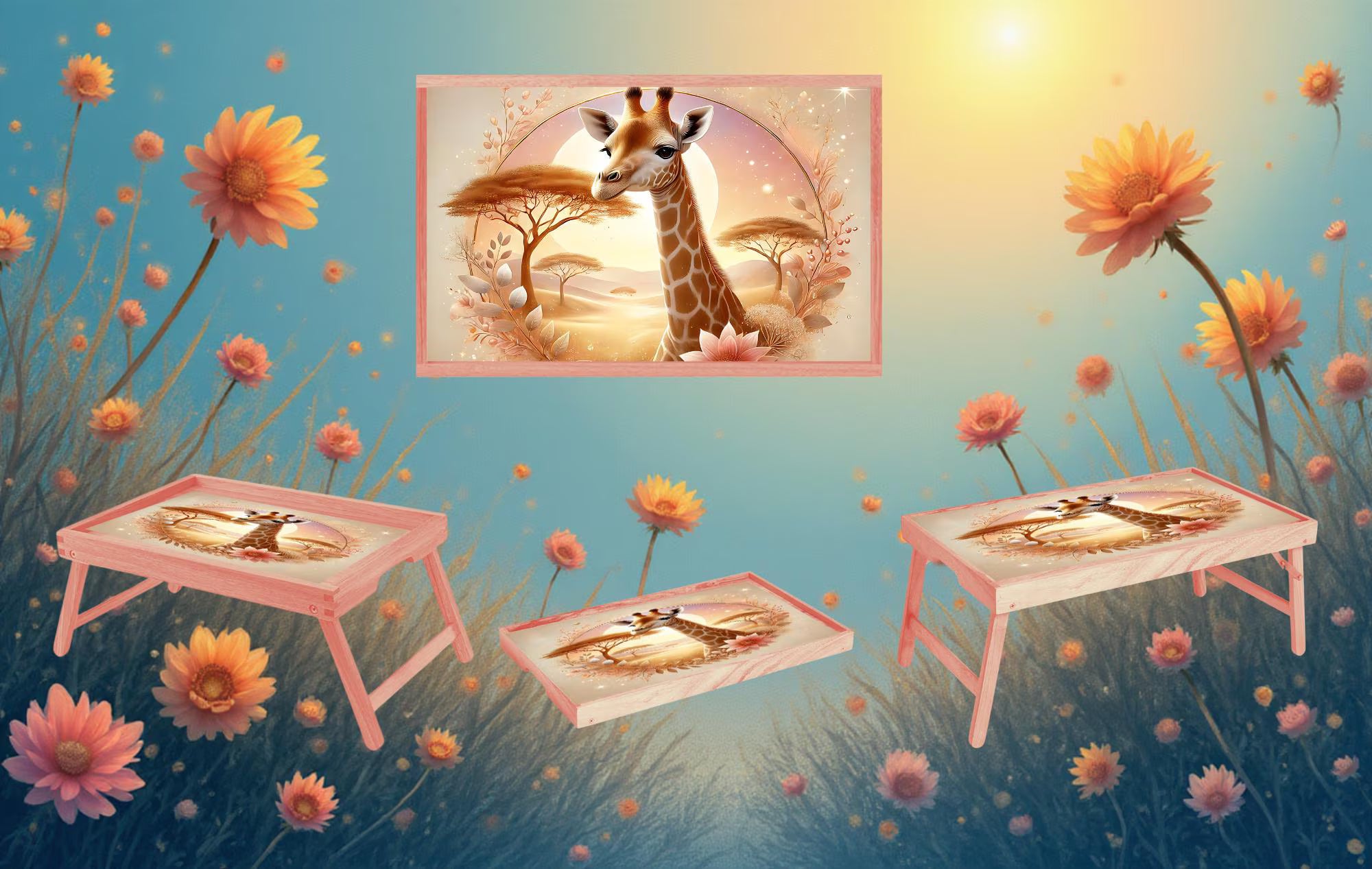 Snack time just got a little taller, Giraffe Foldable Wooden TV Tray or Bed tray/lap Desk, 2 Sizes and Multiple Images Available.