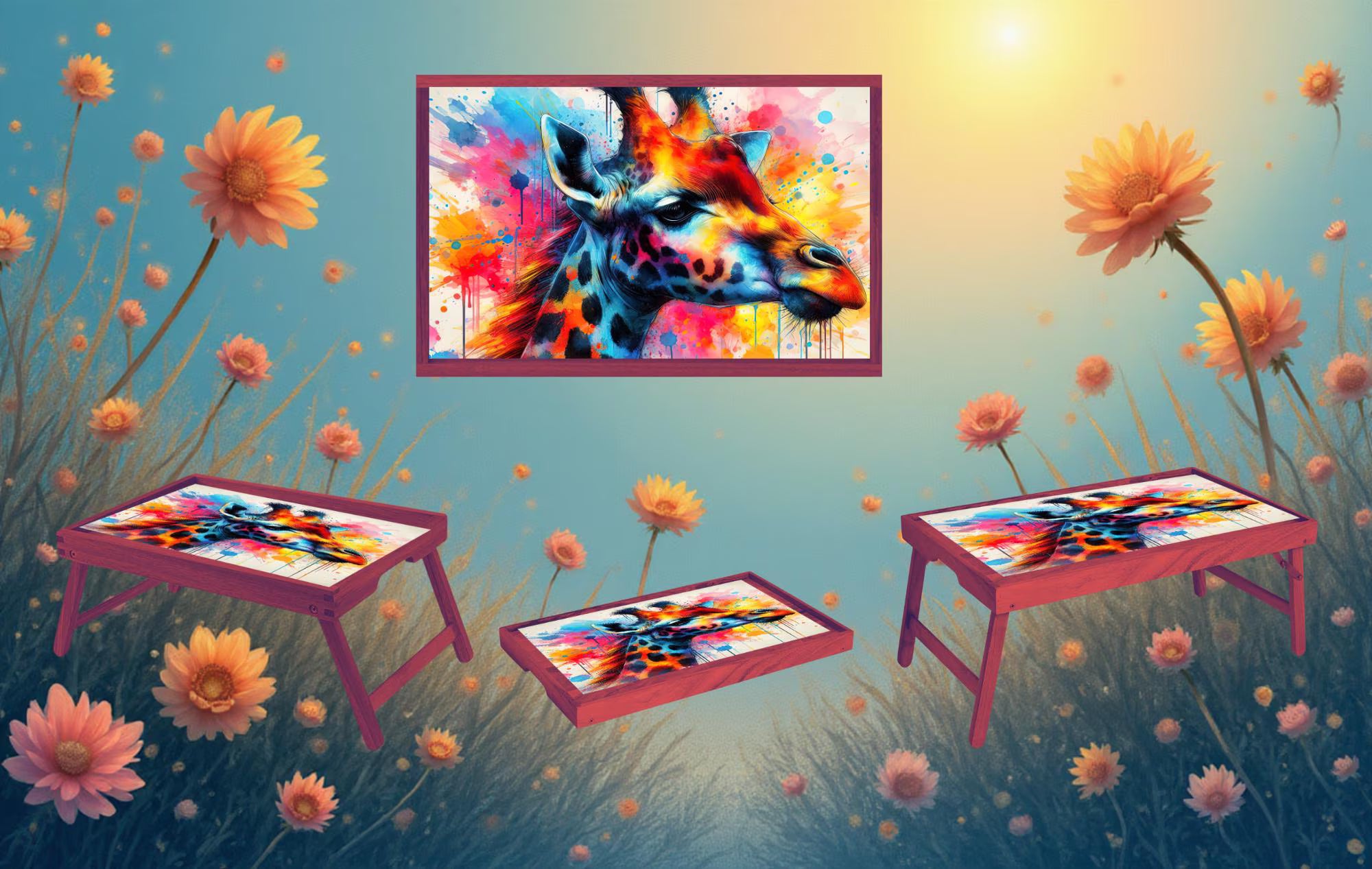 Snack time just got a little taller, Giraffe Foldable Wooden TV Tray or Bed tray/lap Desk, 2 Sizes and Multiple Images Available.