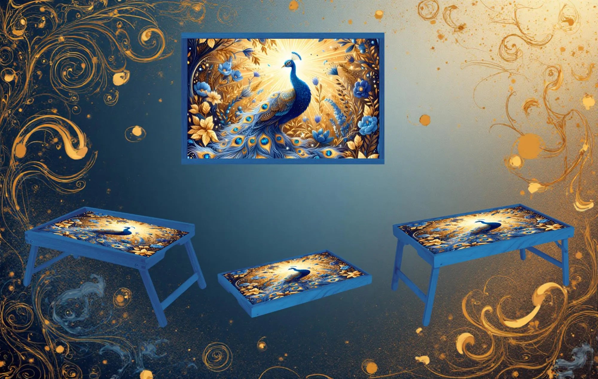 Peacock Foldable Wooden TV Tray or Bed tray/lap Desk. Make snack time fabulous with peacock‑level confidence, 2 Sizes and Multiple Images Available.