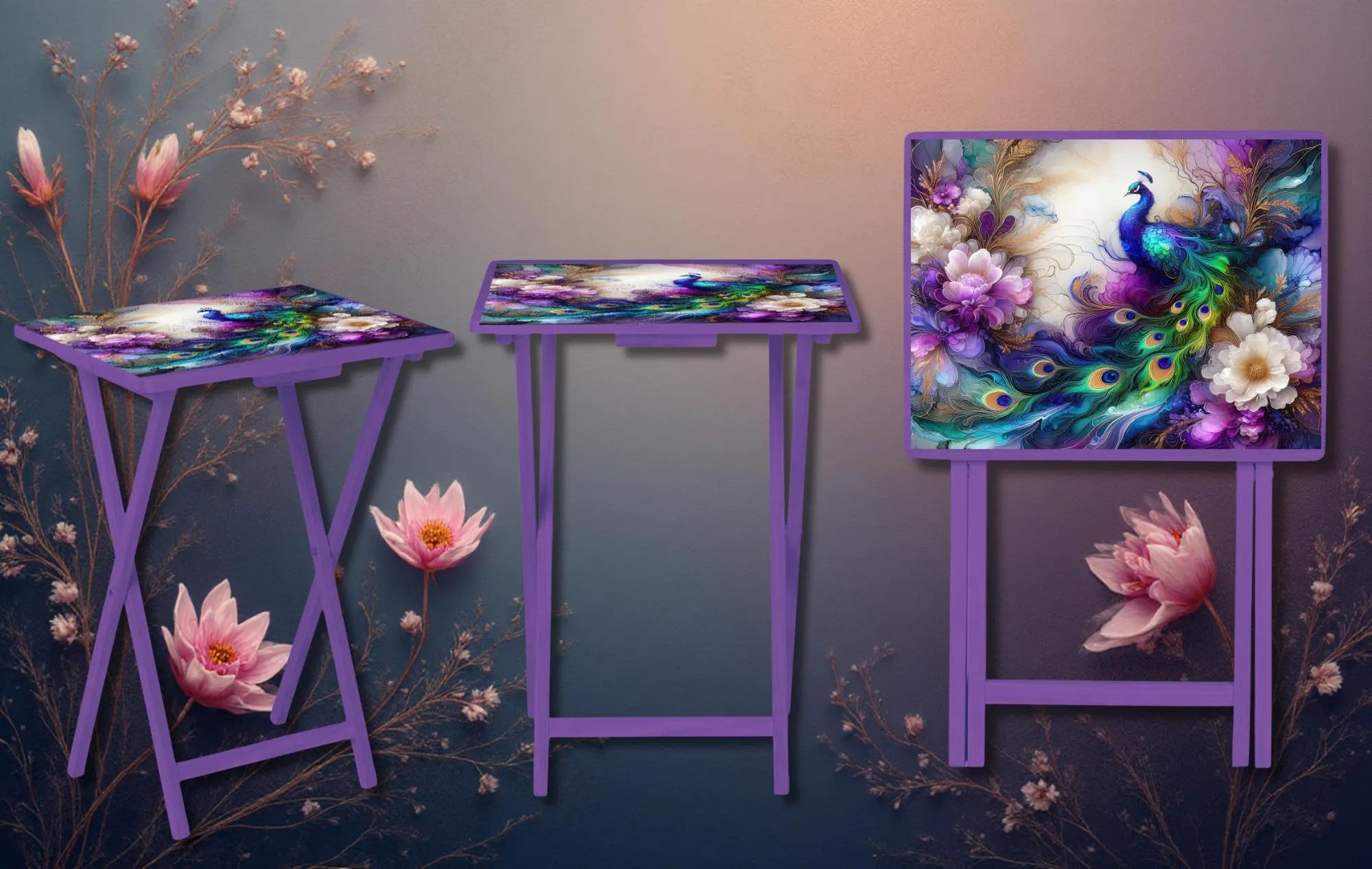Peacock Foldable Wooden TV Tray or Bed tray/lap Desk. Make snack time fabulous with peacock‑level confidence, 2 Sizes and Multiple Images Available.