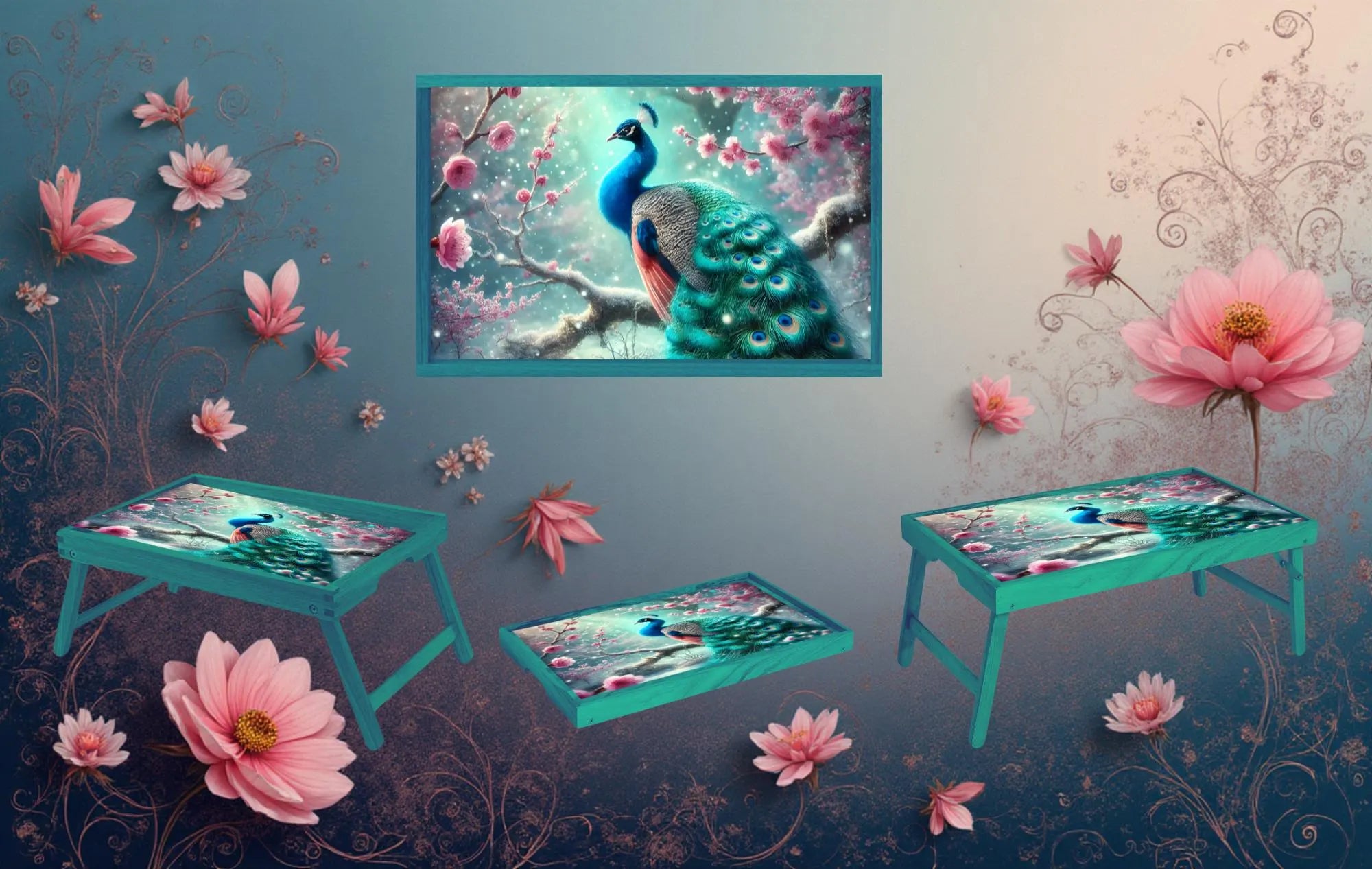 Peacock Foldable Wooden TV Tray or Bed tray/lap Desk. Make snack time fabulous with peacock‑level confidence, 2 Sizes and Multiple Images Available.