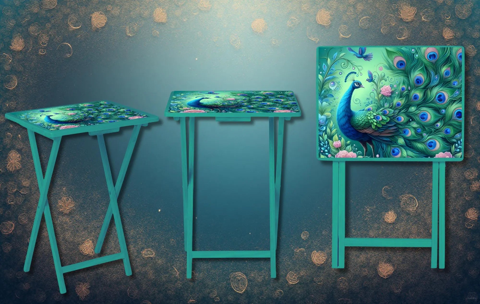 Peacock Foldable Wooden TV Tray or Bed tray/lap Desk. Make snack time fabulous with peacock‑level confidence, 2 Sizes and Multiple Images Available.