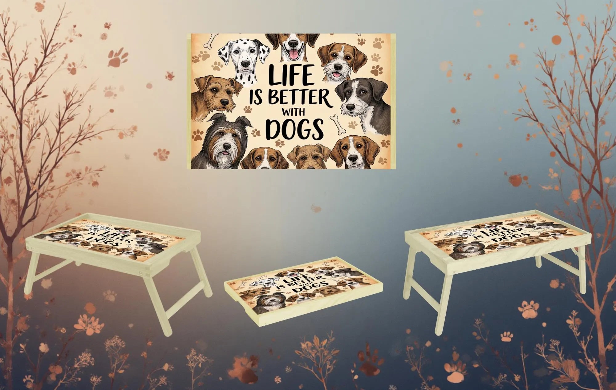 Dog's Foldable Wooden TV Tray or Bed tray/lap Desk, 2 Sizes and Multiple Images Available.