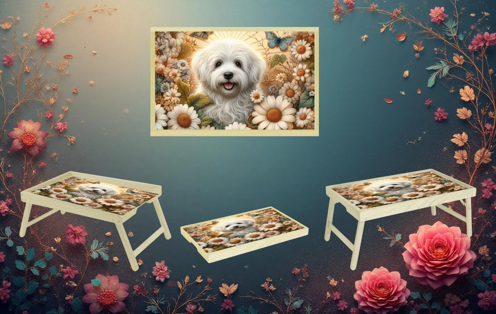 Dog's Foldable Wooden TV Tray or Bed tray/lap Desk, 2 Sizes and Multiple Images Available.