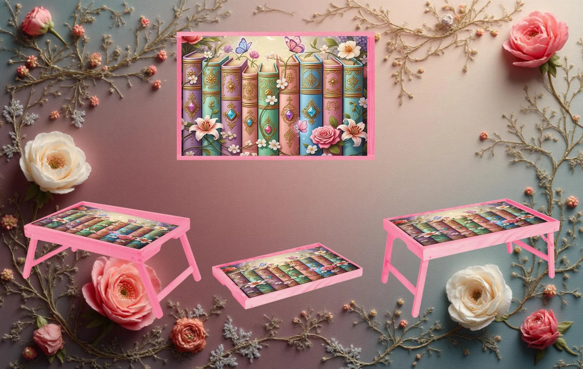 Once Upon a Snack Folding Tray. Books Foldable Wooden TV Tray or Bed tray/lap Desk, 2 Sizes and Multiple Images Available.