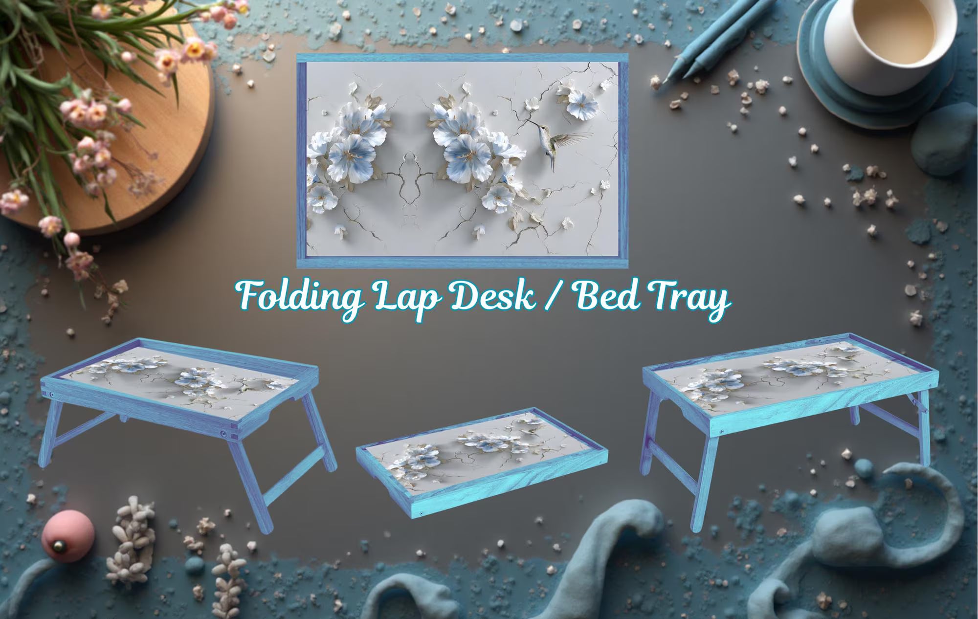 Hummingbird Foldable Wooden TV Tray or Bed tray/lap Desk. Let your space bloom beautifully. 🌺✨ 2 Sizes and Multiple Images Available. .