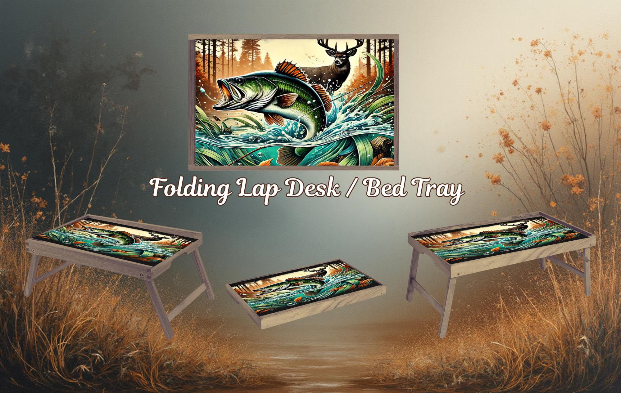 Wildlife, Hunting/ Fishing Foldable Wooden TV Tray or Bed tray/lap Desk, 2 Sizes and Multiple Images Available.