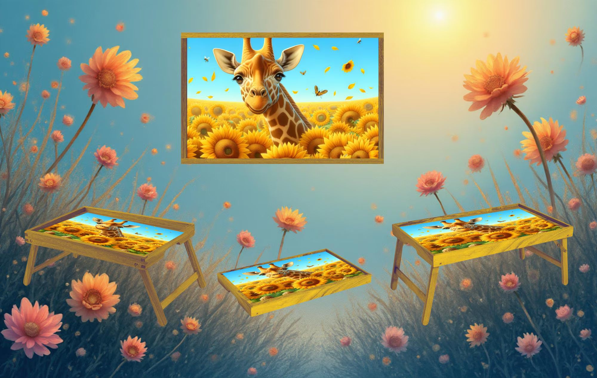 Snack time just got a little taller, Giraffe Foldable Wooden TV Tray or Bed tray/lap Desk, 2 Sizes and Multiple Images Available.