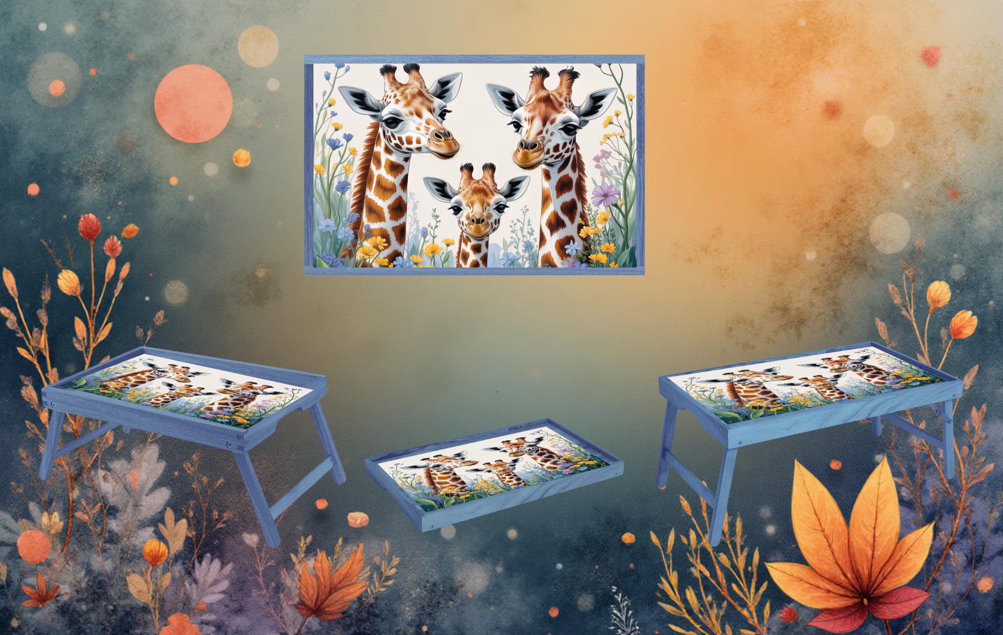 Snack time just got a little taller, Giraffe Foldable Wooden TV Tray or Bed tray/lap Desk, 2 Sizes and Multiple Images Available.