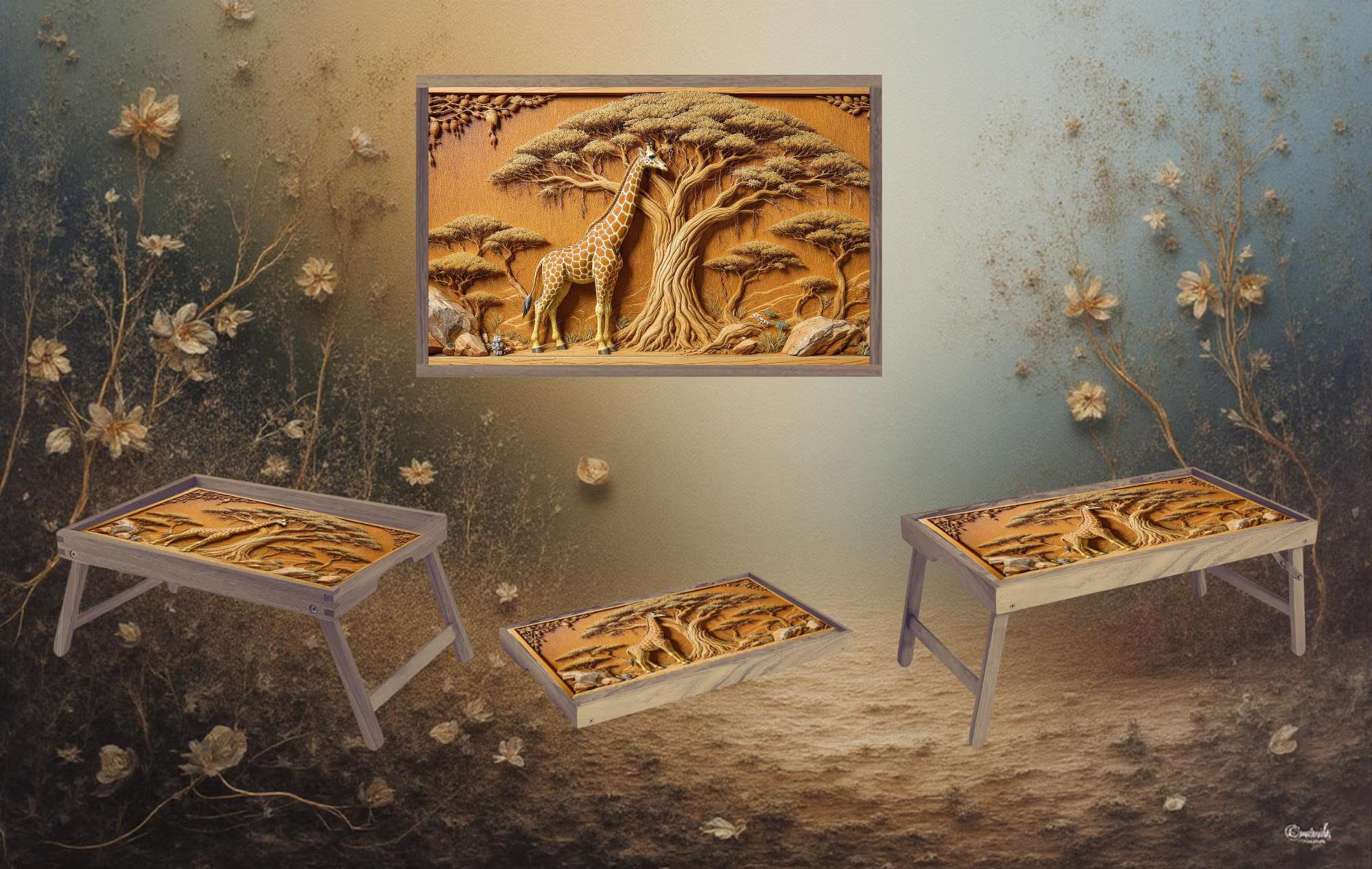 Snack time just got a little taller, Giraffe Foldable Wooden TV Tray or Bed tray/lap Desk, 2 Sizes and Multiple Images Available.