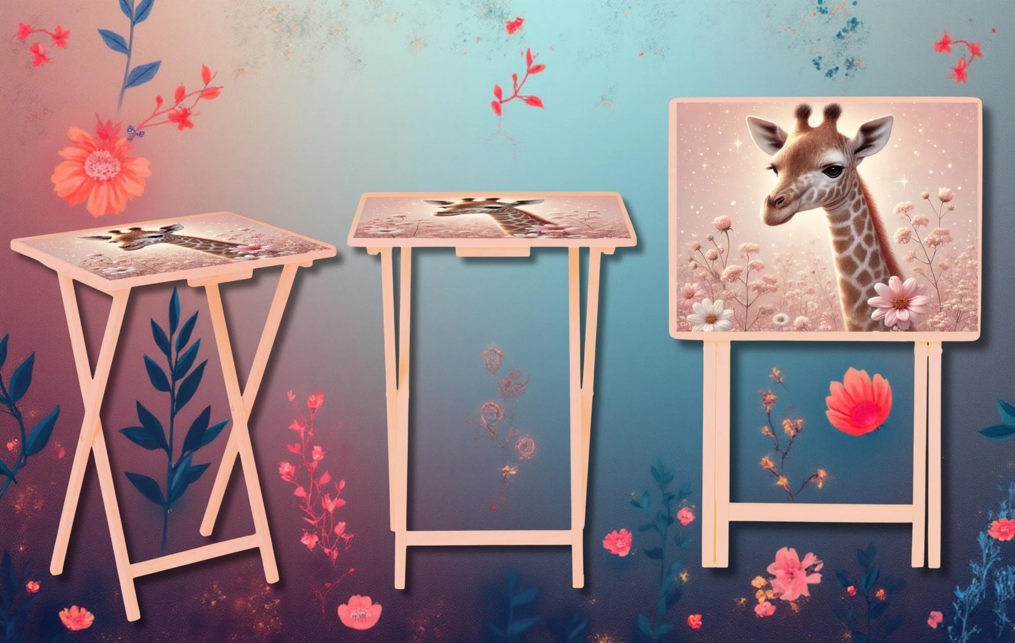 Snack time just got a little taller, Giraffe Foldable Wooden TV Tray or Bed tray/lap Desk, 2 Sizes and Multiple Images Available.
