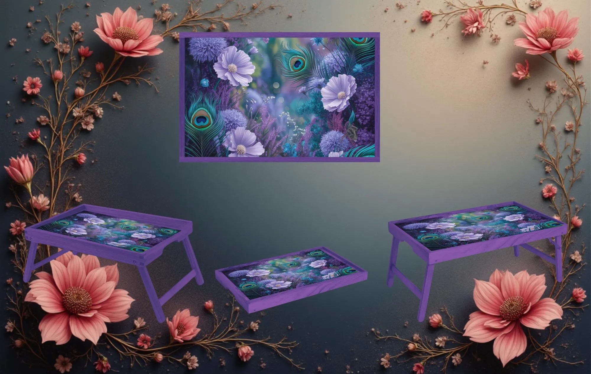 Peacock Foldable Wooden TV Tray or Bed tray/lap Desk. Make snack time fabulous with peacock‑level confidence, 2 Sizes and Multiple Images Available.
