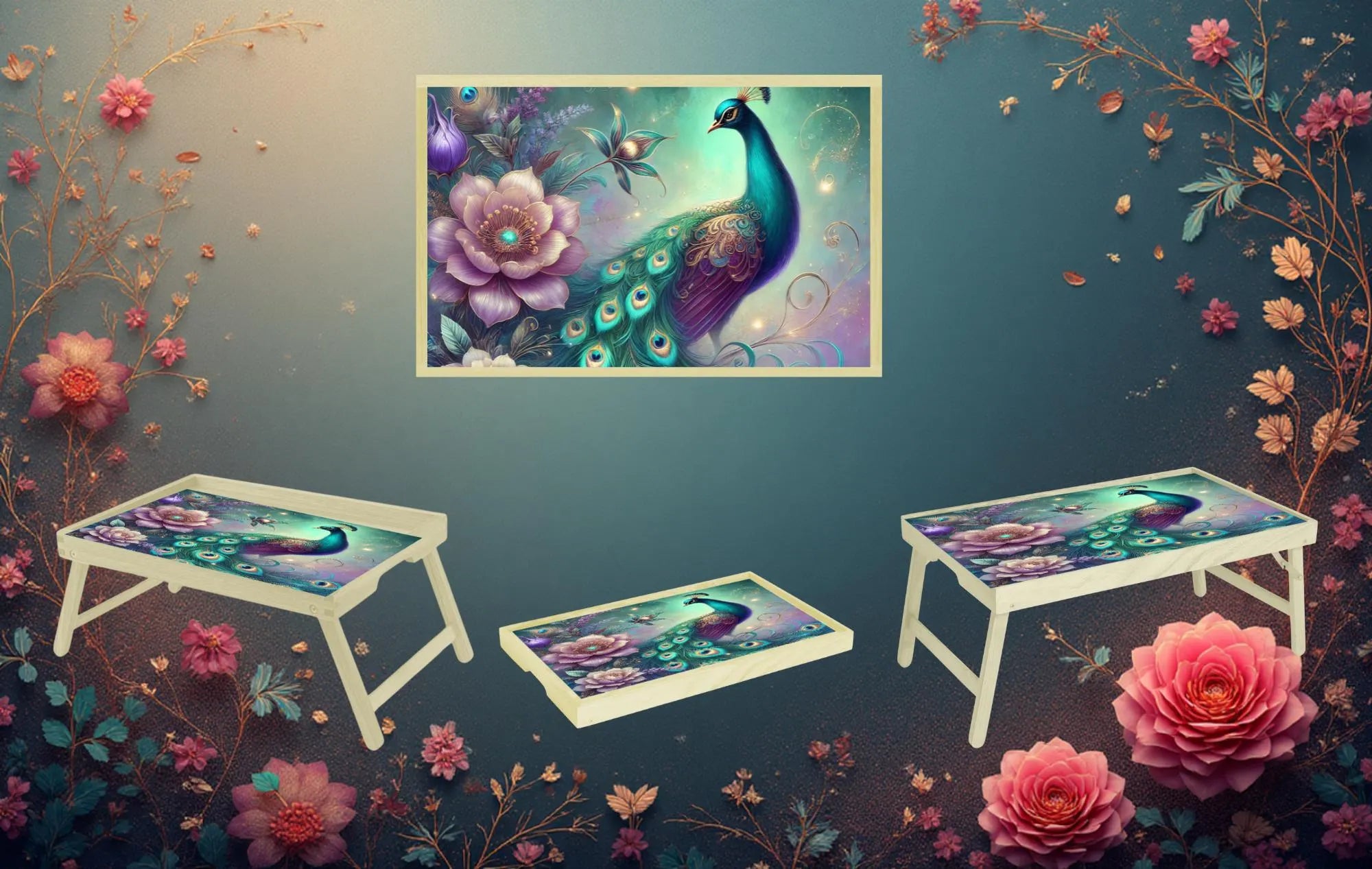 Peacock Foldable Wooden TV Tray or Bed tray/lap Desk. Make snack time fabulous with peacock‑level confidence, 2 Sizes and Multiple Images Available.