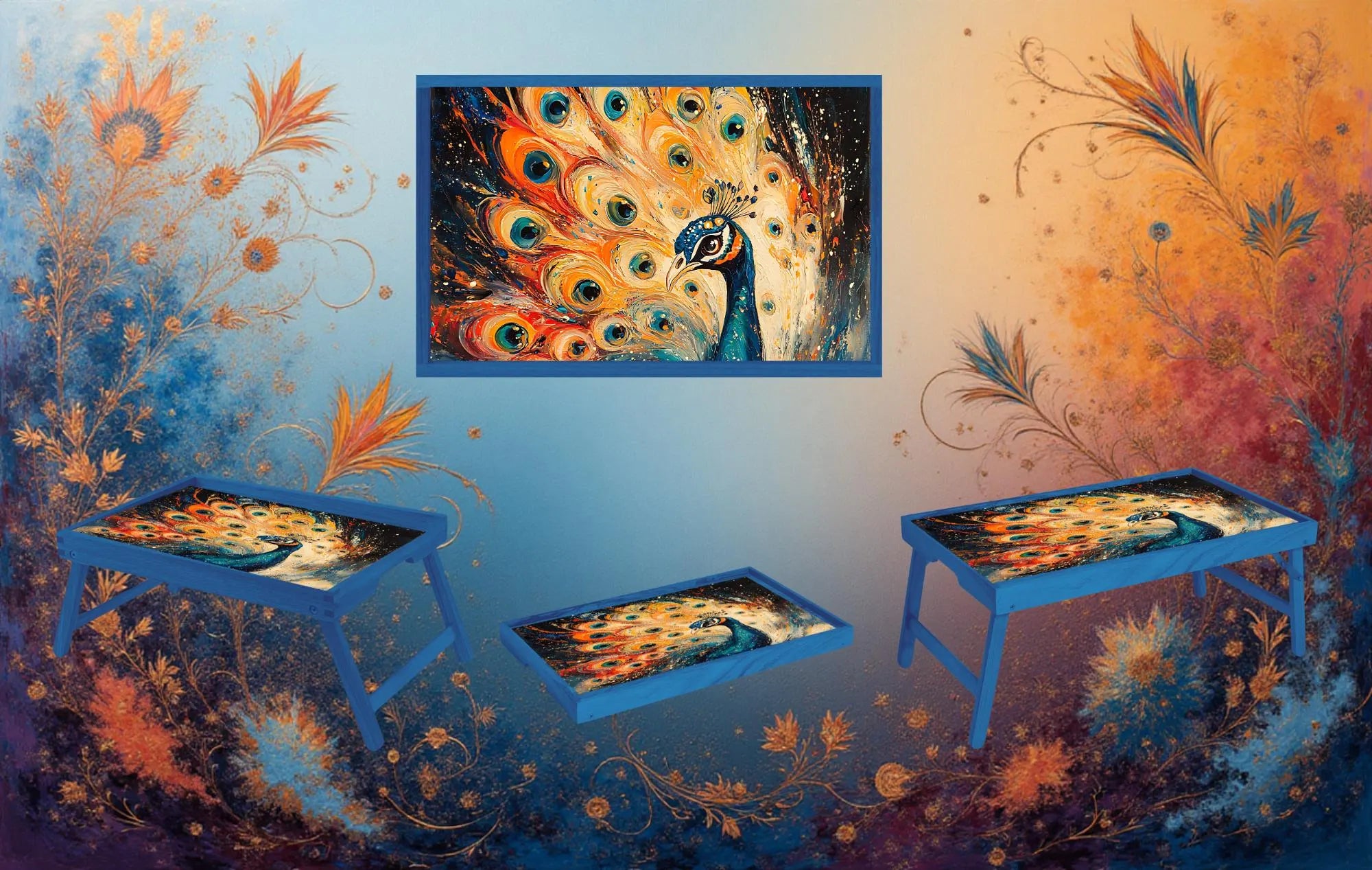 Peacock Foldable Wooden TV Tray or Bed tray/lap Desk. Make snack time fabulous with peacock‑level confidence, 2 Sizes and Multiple Images Available.